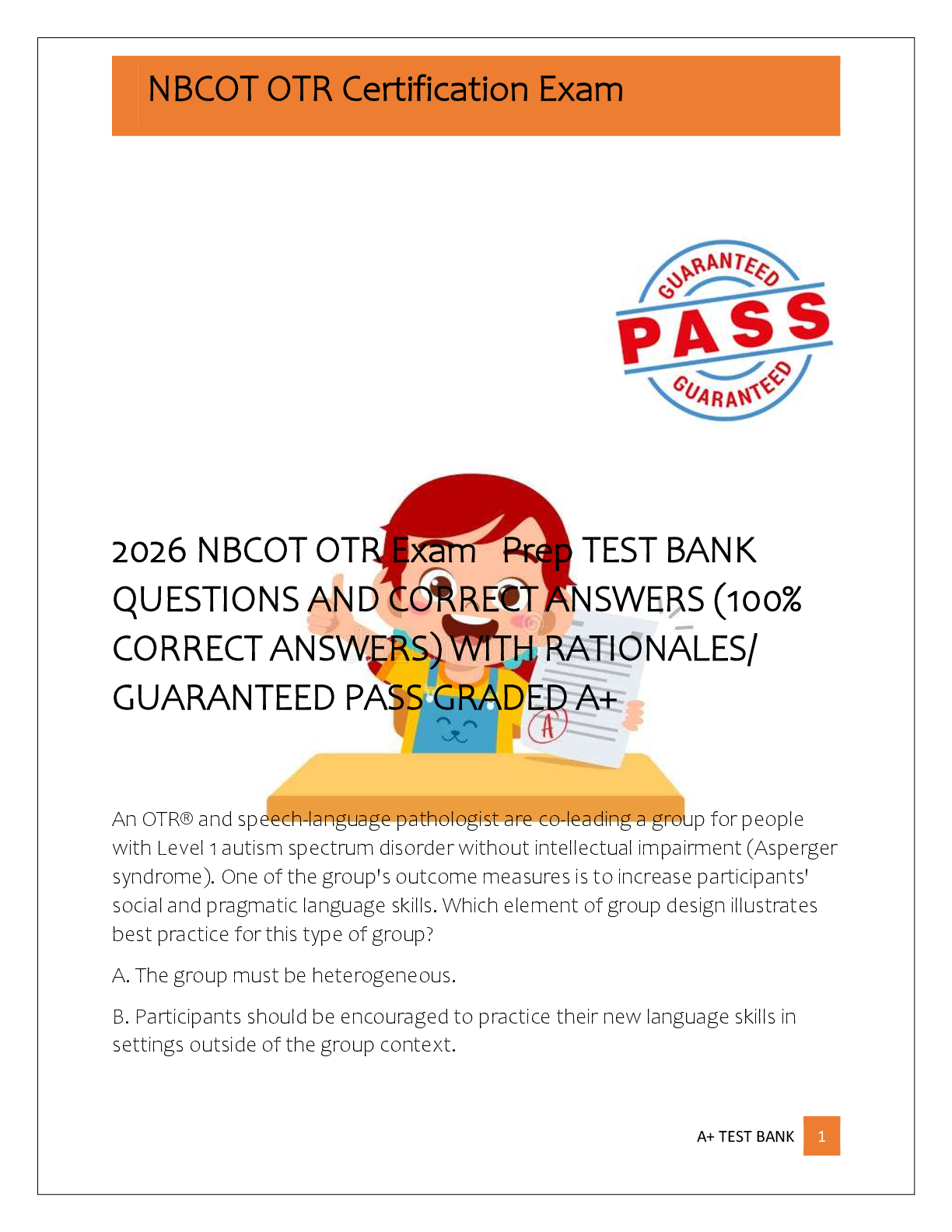 Recommended document preview for 2026 NBCOT OTR Exam   Prep TEST BANK  QUESTIONS AND CORRECT ANSWERS (100%  CORRECT ANSWERS) WITH RATIONALES/  GUARANTEED PASS GRADED A+