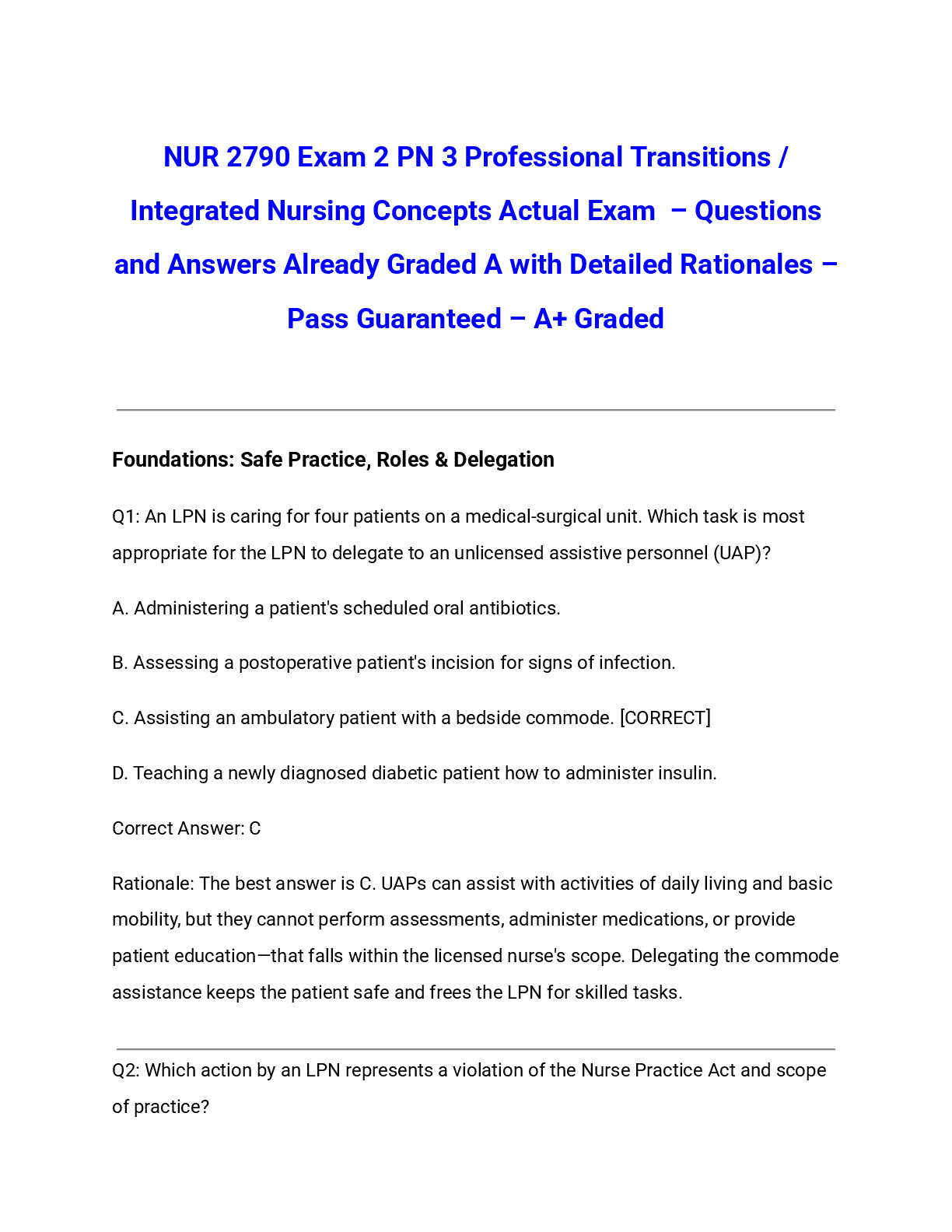 Preview of NUR 2790 Exam 2 PN 3 Professional Transitions / Integrated Nursing Concepts Actual Exam 2026/2027 – Questions and Answers Already Graded A with Detailed Rationales – Pass Guaranteed – A+ Graded