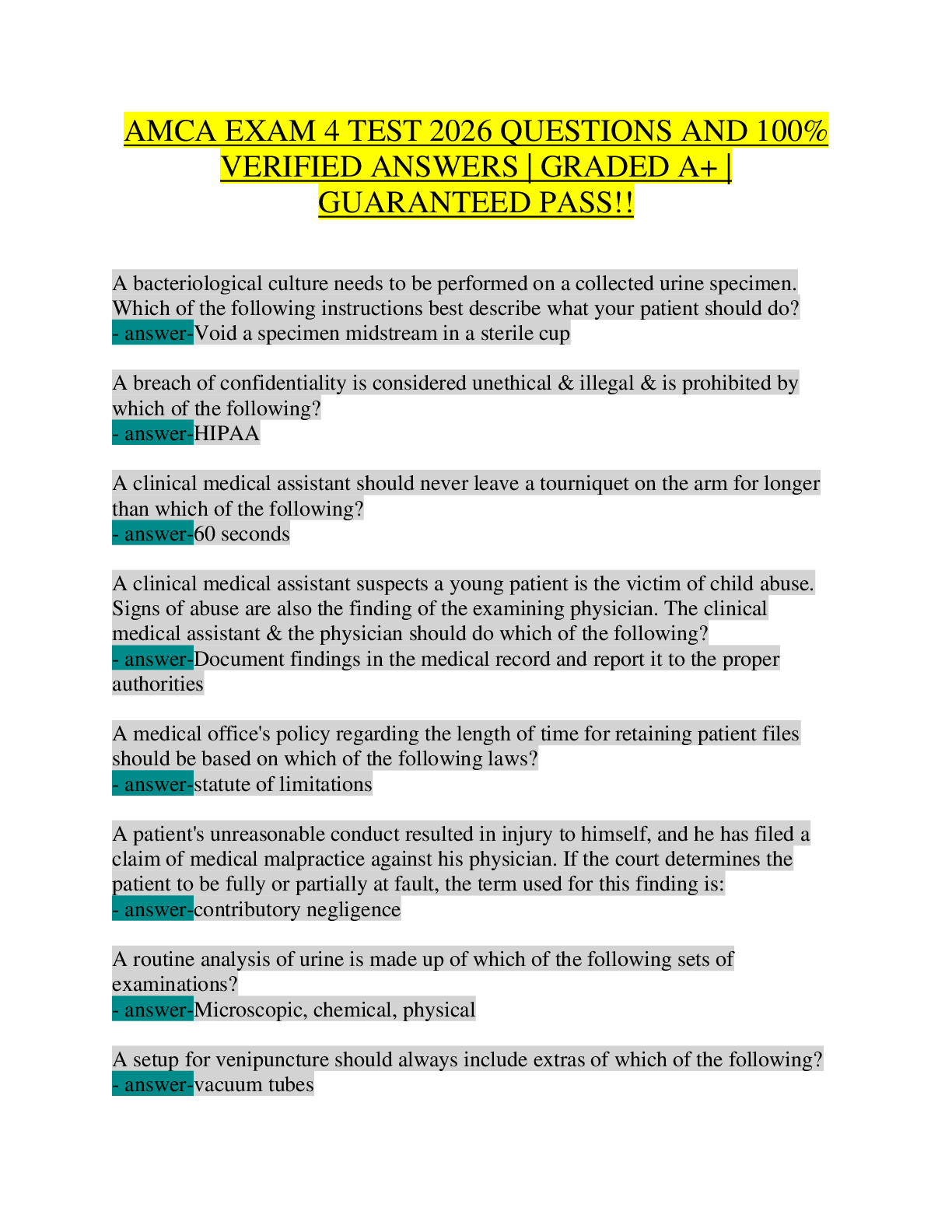 Preview of AMCA EXAM 4 TEST 2026 | CMAC Certified Medical Assistant Practice Questions | 100% Verified Answers | MOA 110 | NHA CCMA Phlebotomy ECG Medical Law HIPAA Rapid Review