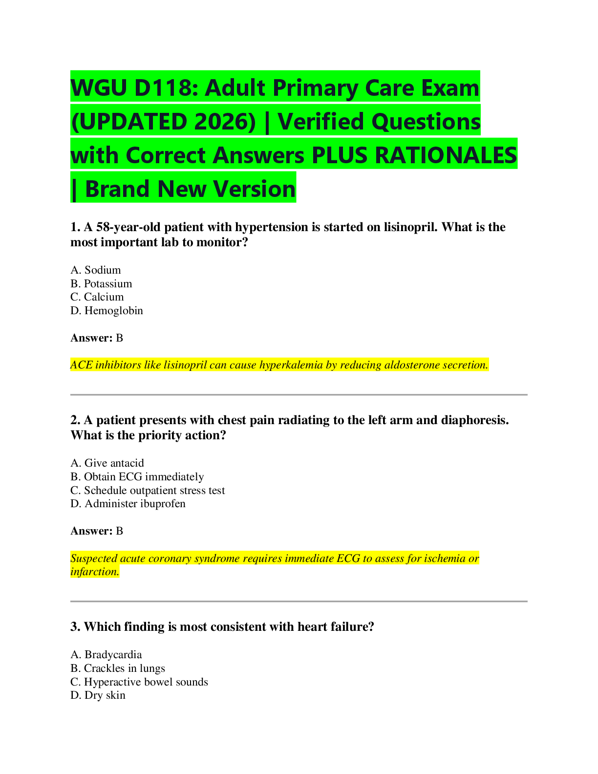 Preview of WGU D118: Adult Primary Care Exam  (UPDATED 2026) | Verified Questions  with Correct Answers PLUS RATIONALES  | Brand New Version