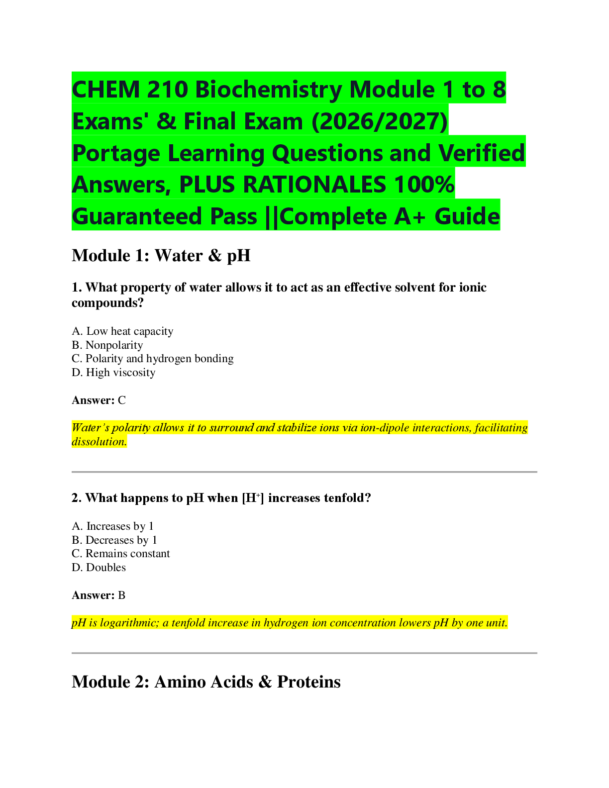 Preview of CHEM 210 Biochemistry Module 1 to 8  Exams' & Final Exam (2026/2027)  Portage Learning Questions and Verified  Answers, PLUS RATIONALES 100%  Guaranteed Pass ||Complete A+ Guide