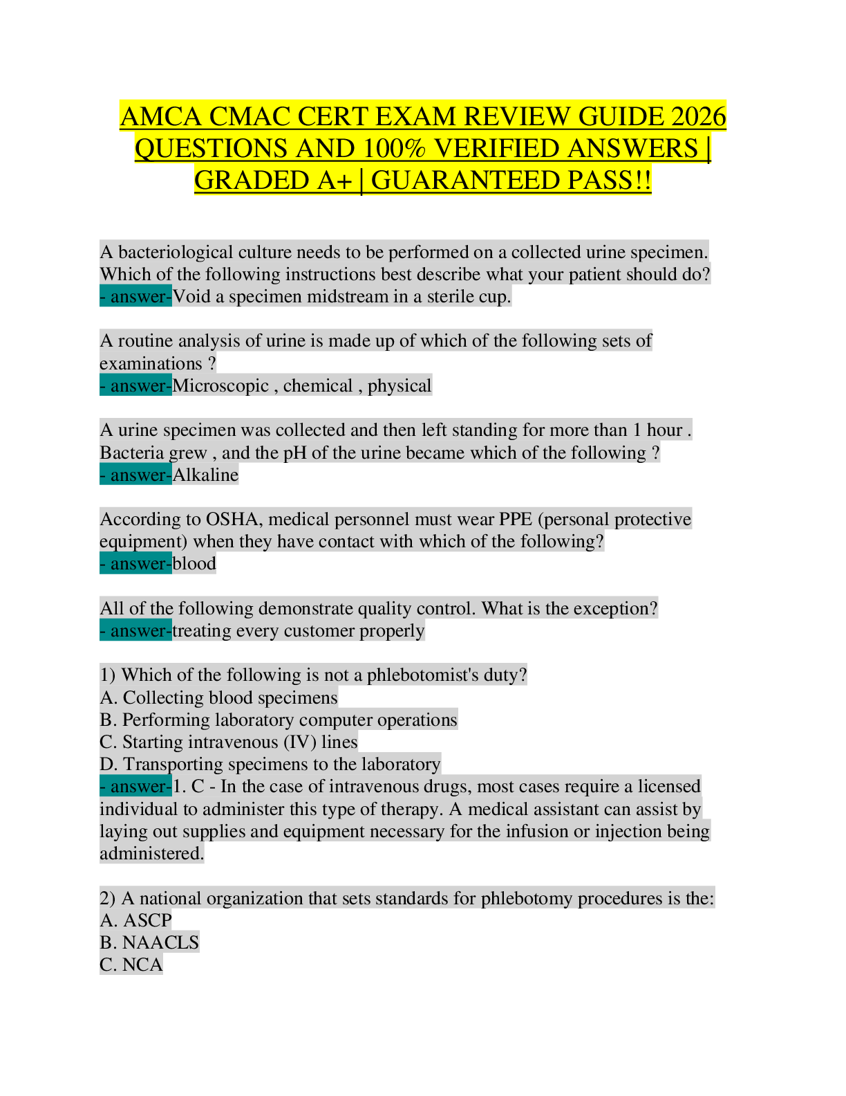 Preview of AMCA CMAC Certification Exam Review Guide 2026 | 100% Verified Q&A with Rationales | Certified Medical Assistant (CMA) Practice Test | MOA 110 | NHA CCMA Phlebotomy ECG Infection Control Study Guide