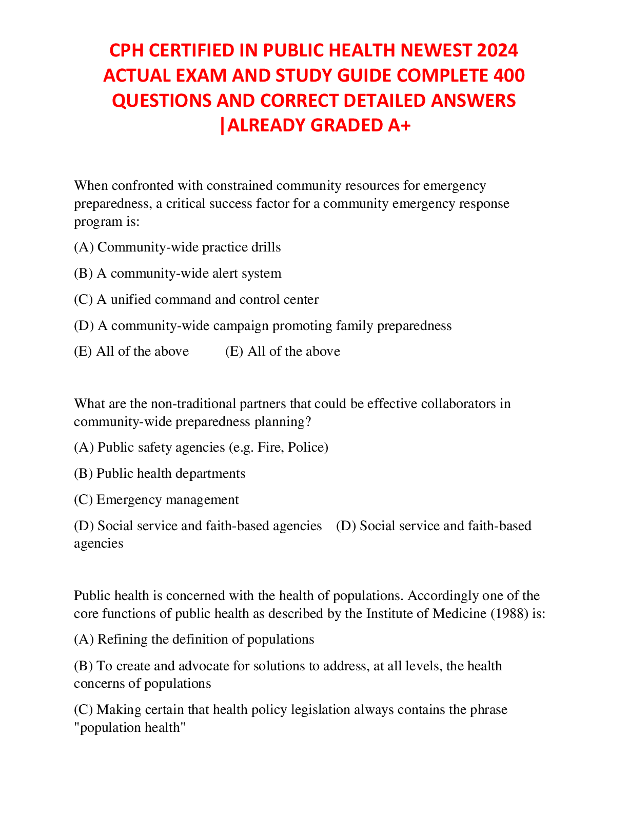 Recommended document preview for CPH CERTIFIED IN PUBLIC HEALTH NEWEST 2024  ACTUAL EXAM AND STUDY GUIDE COMPLETE 400  QUESTIONS AND CORRECT DETAILED ANSWERS  |ALREADY GRADED A+