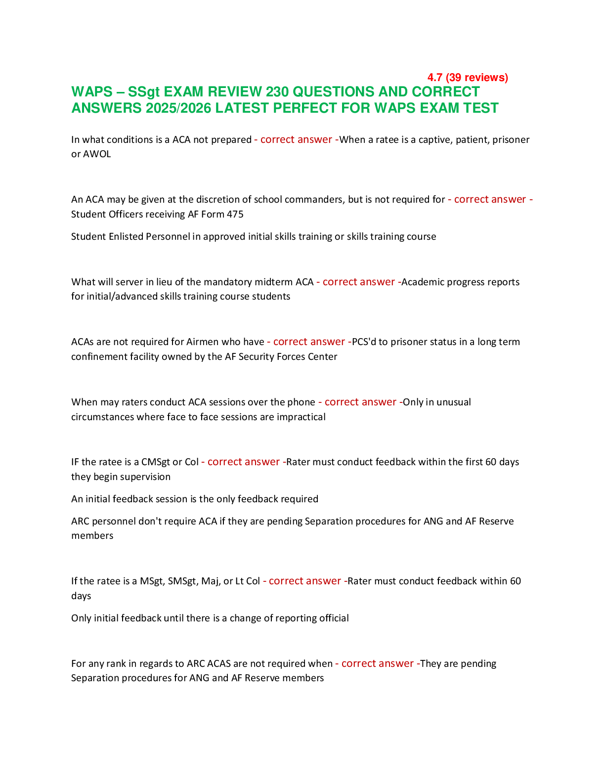 WAPS – SSgt EXAM REVIEW 230 QUESTIONS AND CORRECT  ANSWERS 2025/2026 LATEST PERFECT FOR WAPS EXAM TEST
