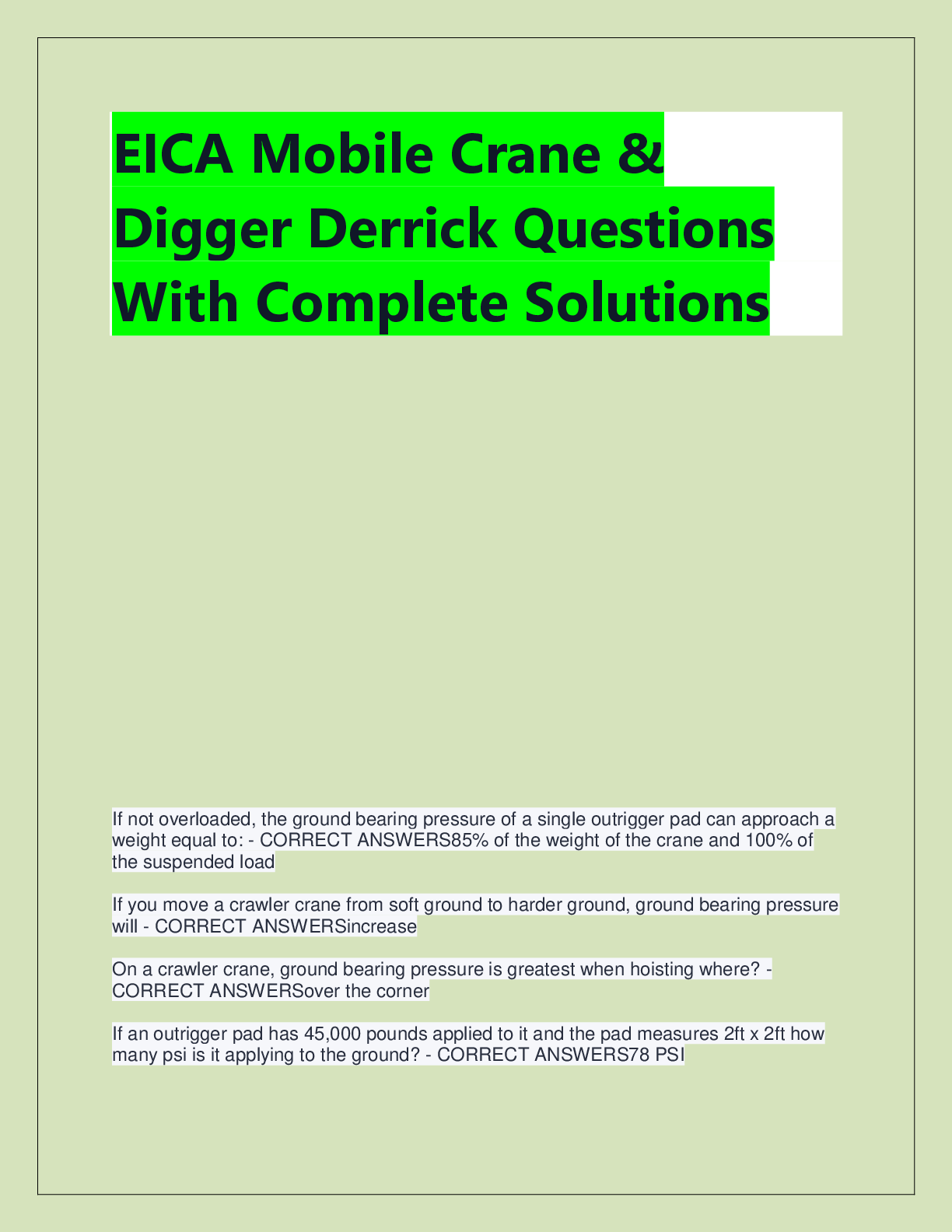 Recommended document preview for EICA Mobile Crane &  Digger Derrick Questions  With Complete Solutions