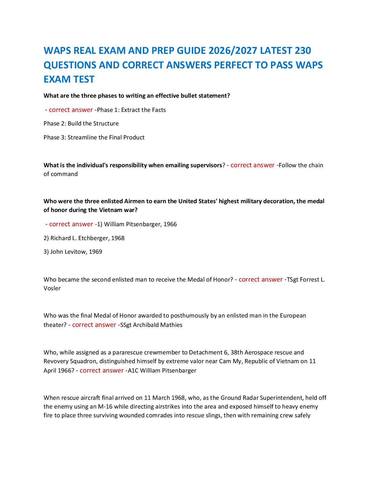 WAPS REAL EXAM AND PREP GUIDE 2026/2027 LATEST 230  QUESTIONS AND CORRECT ANSWERS PERFECT TO PASS WAPS  EXAM TEST