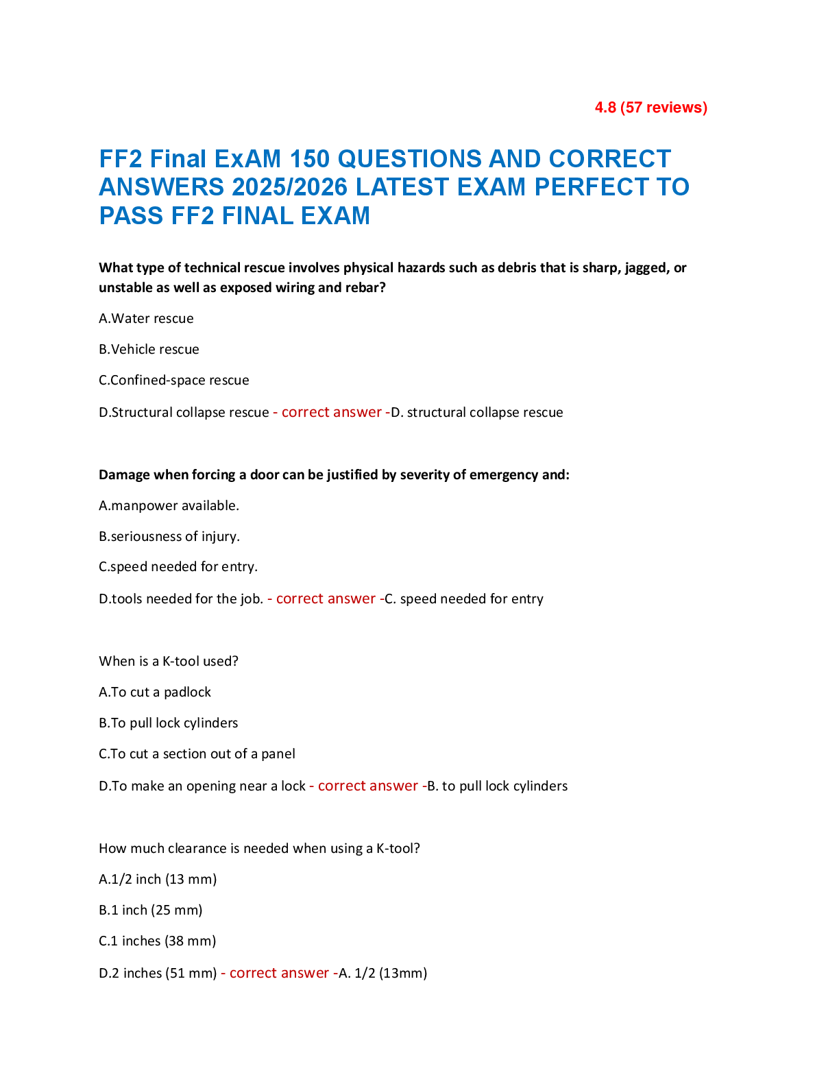 Preview of FF2 Final ExAM 150 QUESTIONS AND CORRECT  ANSWERS 2025/2026 LATEST EXAM PERFECT TO  PASS F