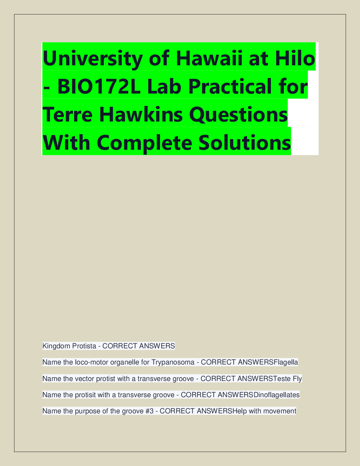 Recommended document preview for University of Hawaii at Hilo  - BIO172L Lab Practical for  Terre Hawkins Questions  With Complete Solutions