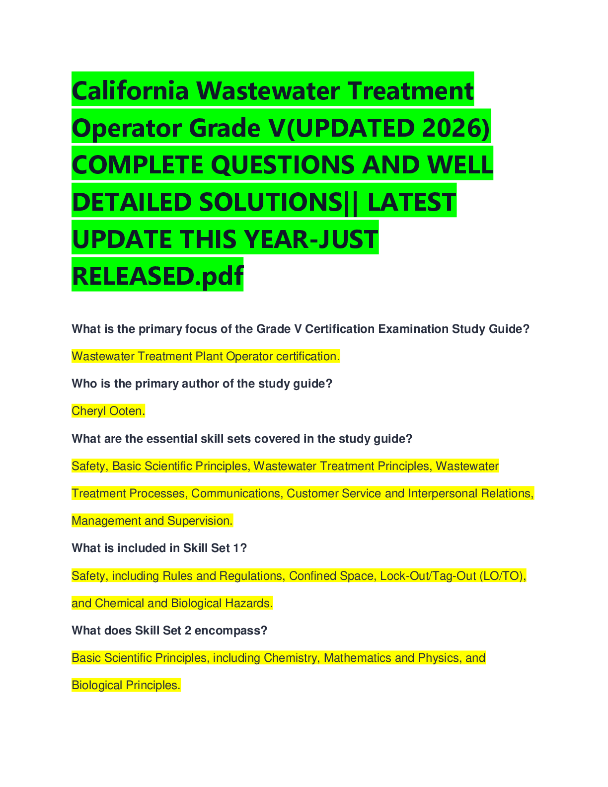 Preview of California Wastewater Treatment  Operator Grade V(UPDATED 2026)  COMPLETE QUESTIONS AND WELL  DETAILED SOLUTIONS|| LATEST  UPDATE THIS YEAR-JUST  RELEASED.pdf