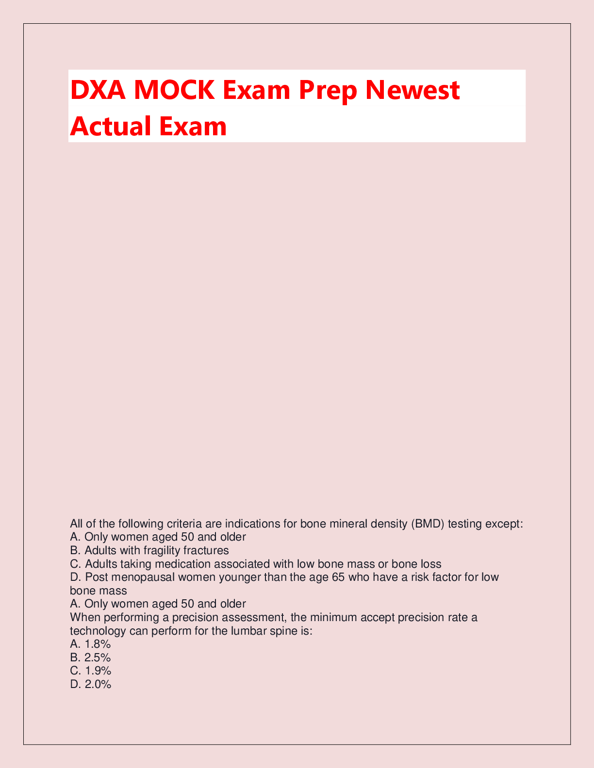 Preview of DXA MOCK Exam Prep Newest  Actual Exam