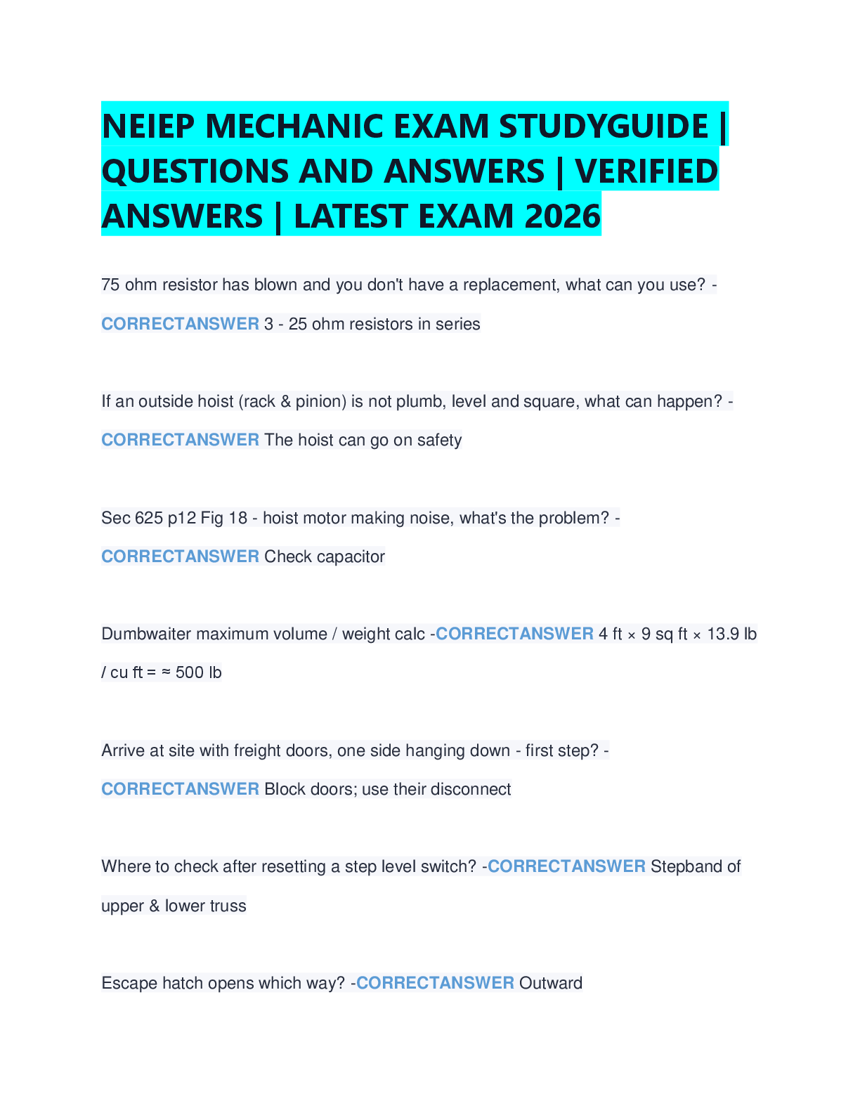 Preview of NEIEP MECHANIC EXAM STUDYGUIDE |  QUESTIONS AND ANSWERS | VERIFIED  ANSWERS | LATEST EXAM 2026