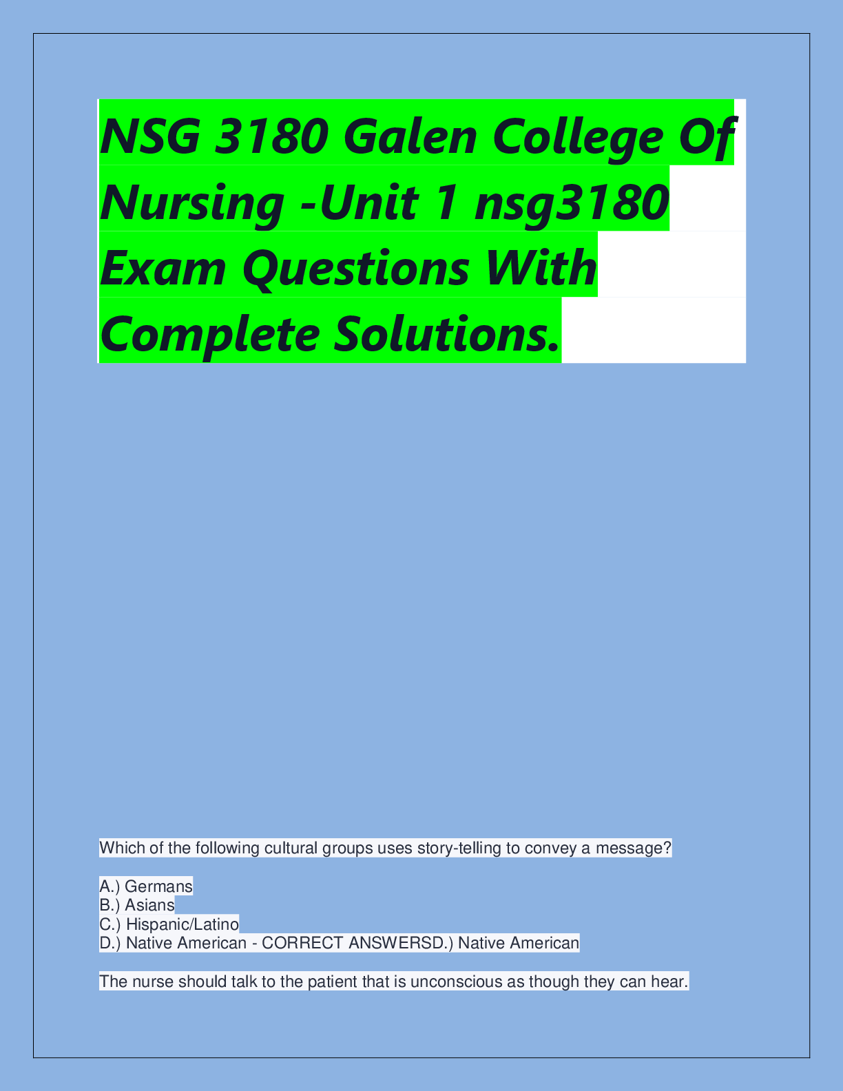 Preview of NSG 3180 Galen College Of Nursing -Unit 1 nsg3180  Exam Questions With  Complete Solutions