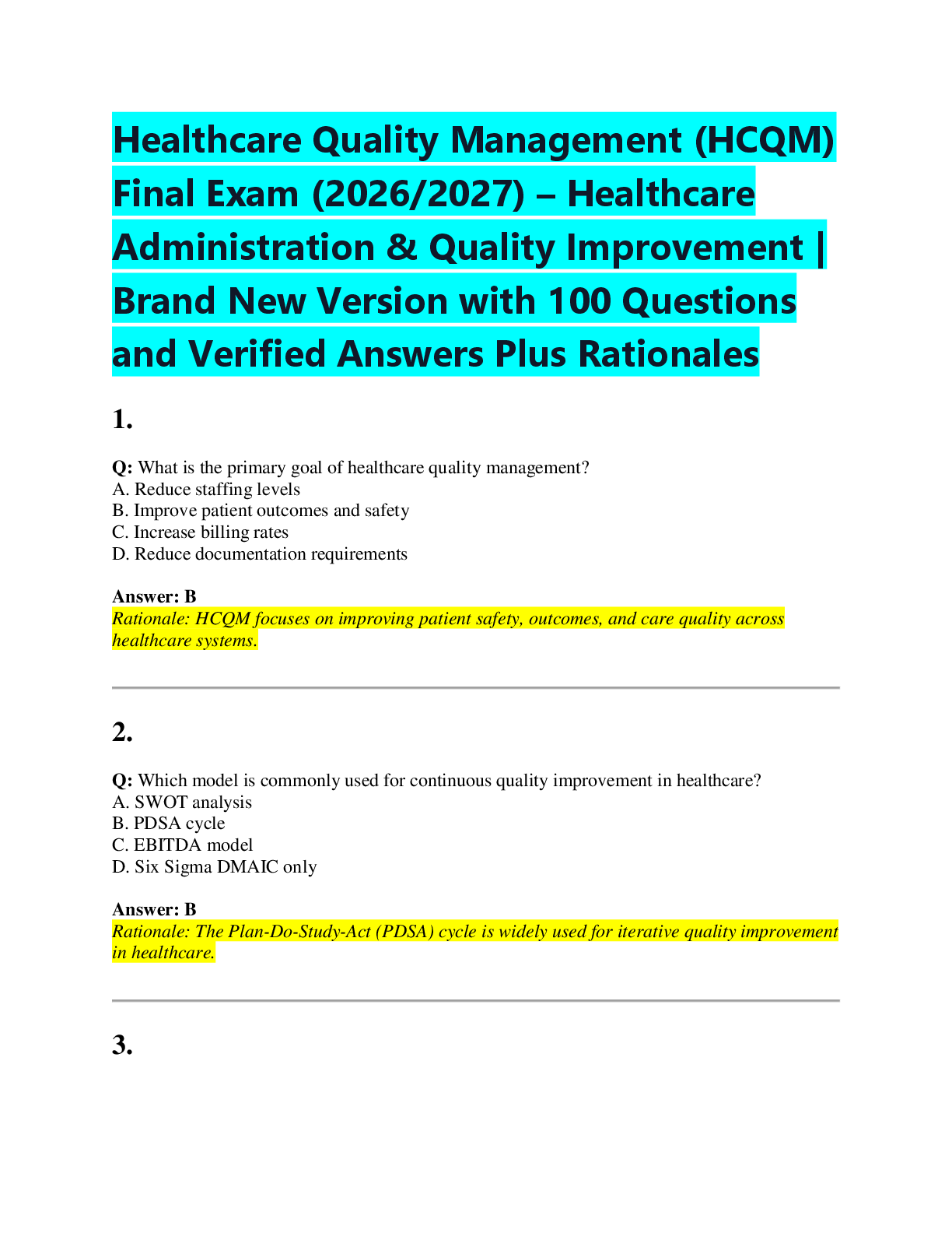 Recommended document preview for Healthcare Quality Management (HCQM)  Final Exam (2026/2027) – Healthcare  Administration & Quality Improvement |  Brand New Version with 100 Questions  and Verified Answers Plus Rationales