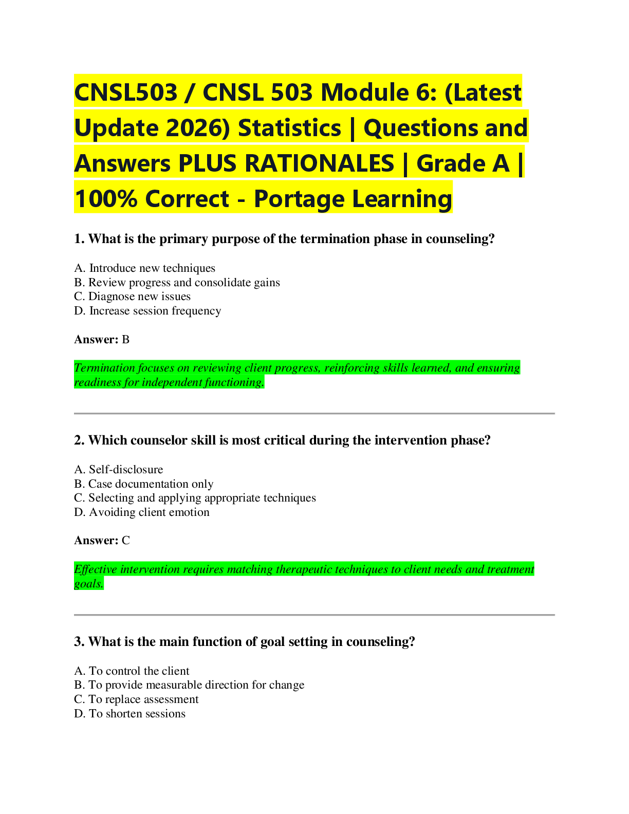 Preview of CNSL503 / CNSL 503 Module 6: (Latest  Update 2026) Statistics | Questions and  Answers PLUS RATIONALES | Grade A |  100% Correct - Portage Learning