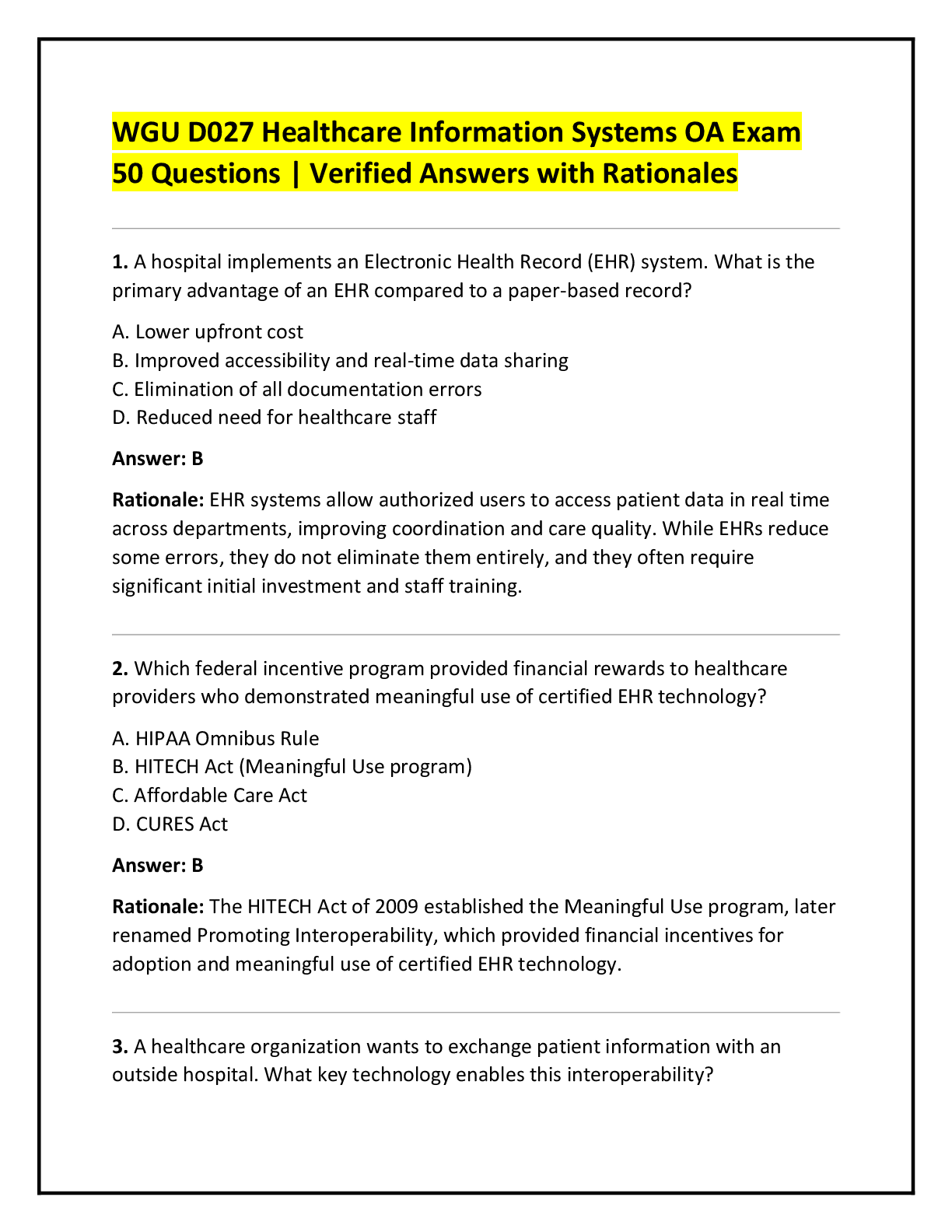 Preview of WGU D027 Healthcare Information Systems OA Exam  50 Questions | Verified Answers with Rationales