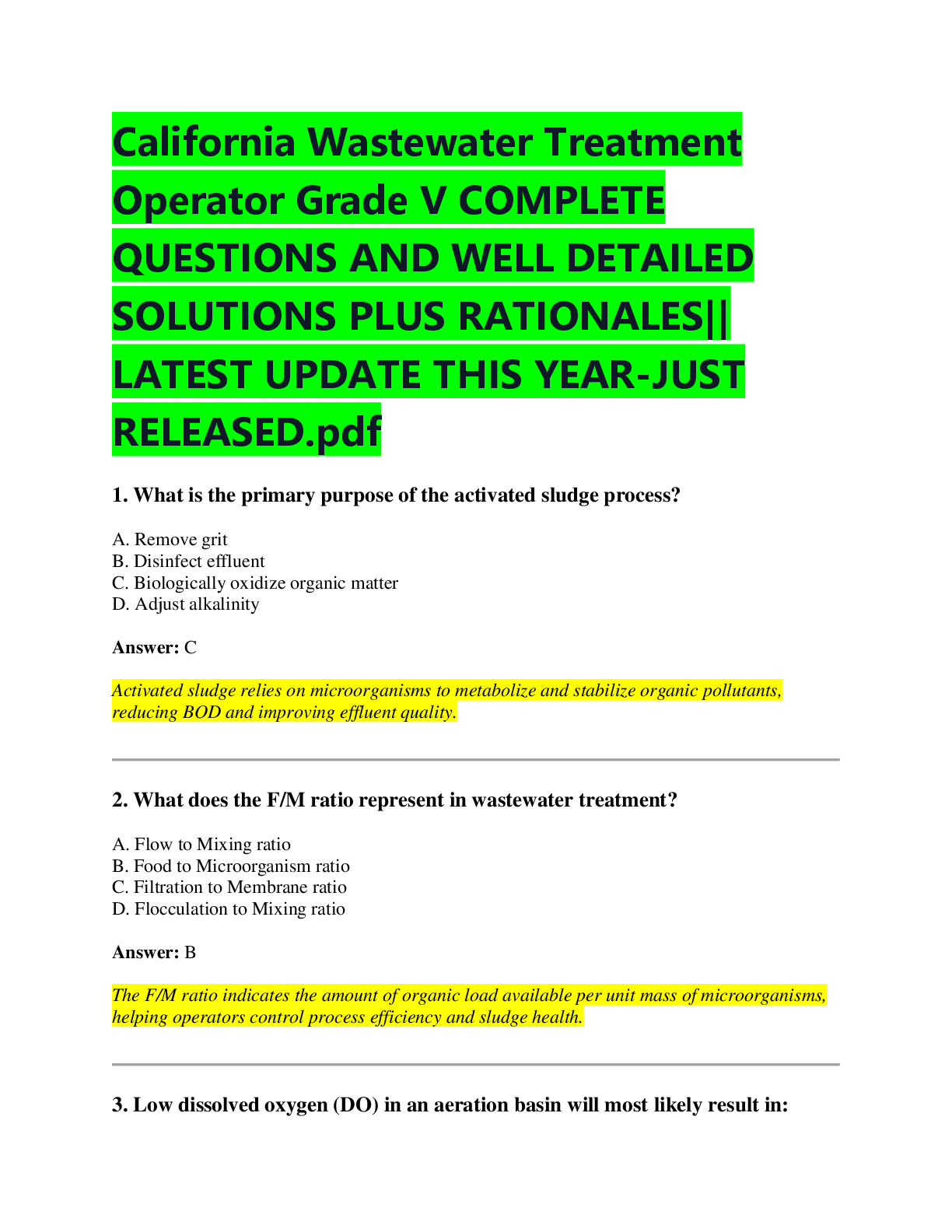 Preview of California Wastewater Treatment  Operator Grade V COMPLETE  QUESTIONS AND WELL DETAILED  SOLUTIONS PLUS RATIONALES||  LATEST UPDATE THIS YEAR-JUST  RELEASED.pdf