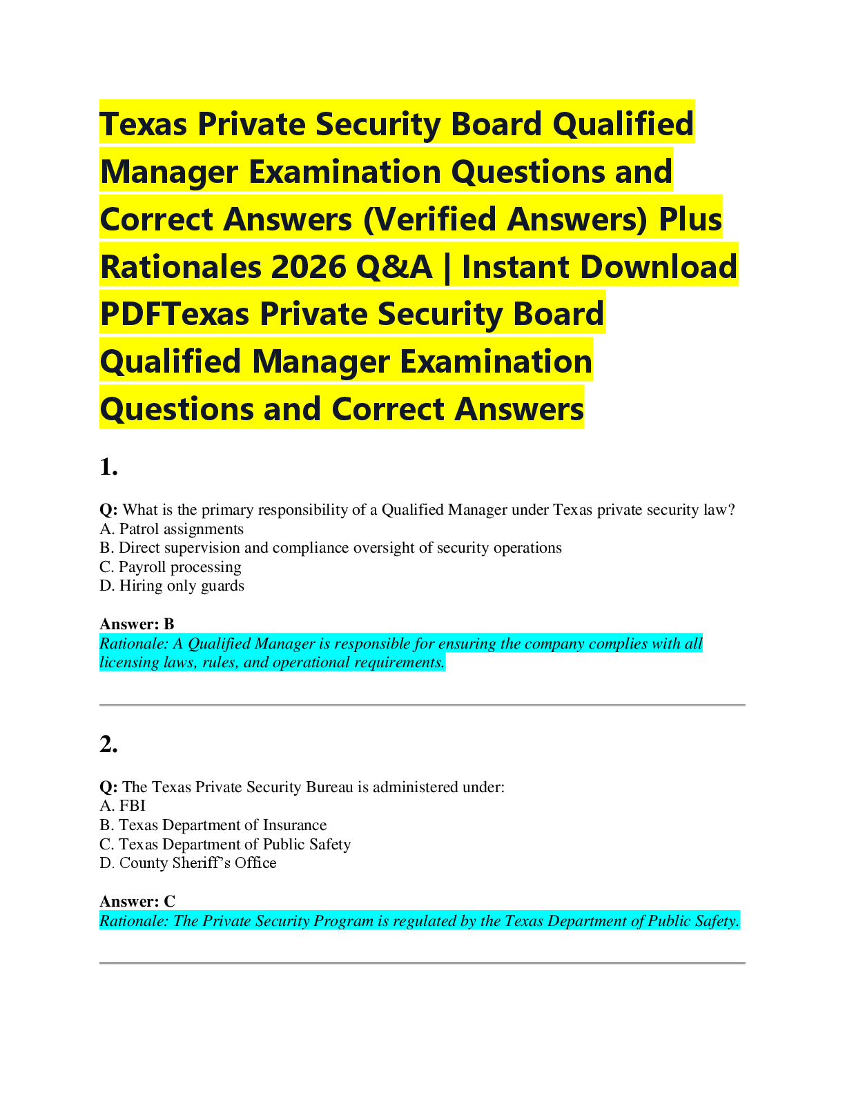 Preview of Texas Private Security Board Qualified  Manager Examination Questions and  Correct Answers (Verified Answers) Plus  Rationales 2026 Q&A | Instant Download  PDFTexas Private Security Board  Qualified Manager Examination  Questions and Correct Answers