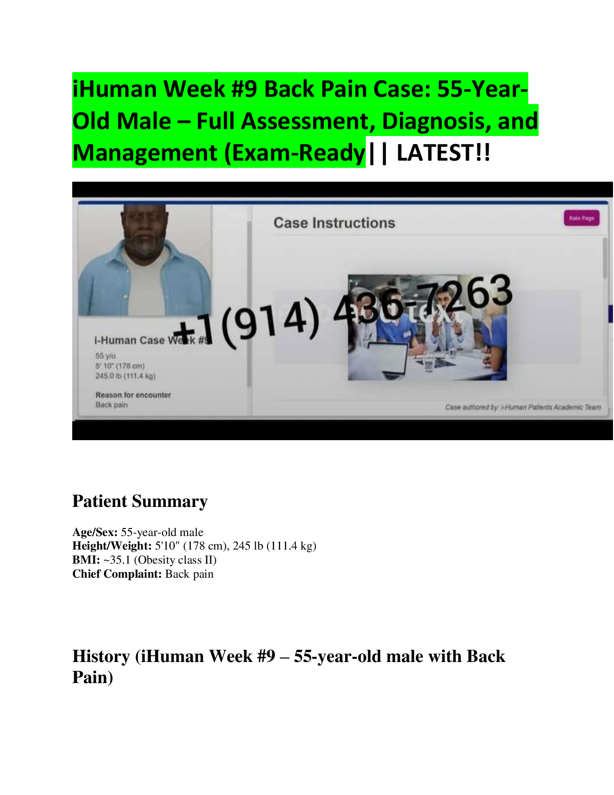 Preview of iHuman Week #9 Back Pain Case: 55-Year Old Male – Full Assessment, Diagnosis, and  Management (Exam-Ready|| LATEST!!
