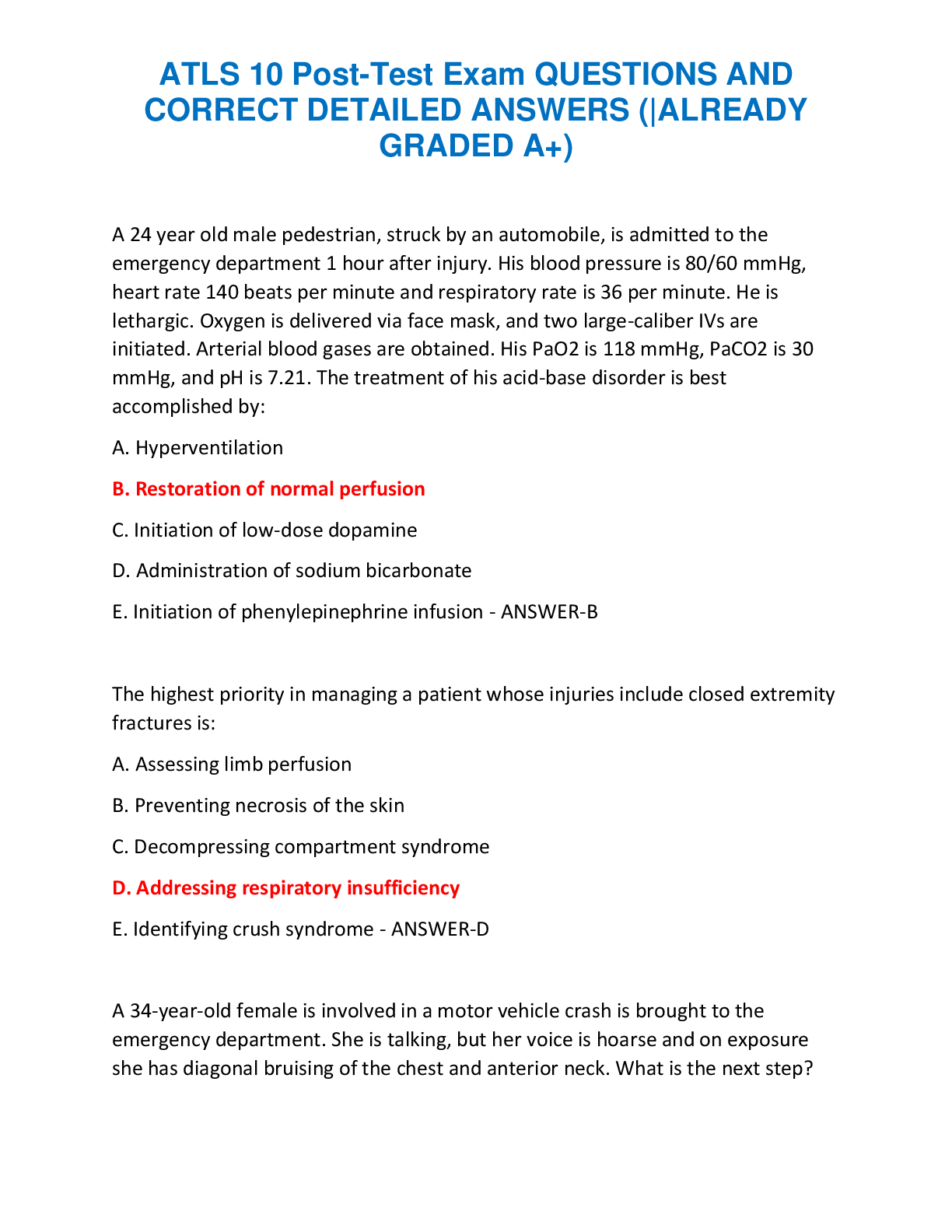 Preview of ATLS 10 Post-Test Exam QUESTIONS AND  CORRECT DETAILED ANSWERS (|ALREADY  GRADED A+)