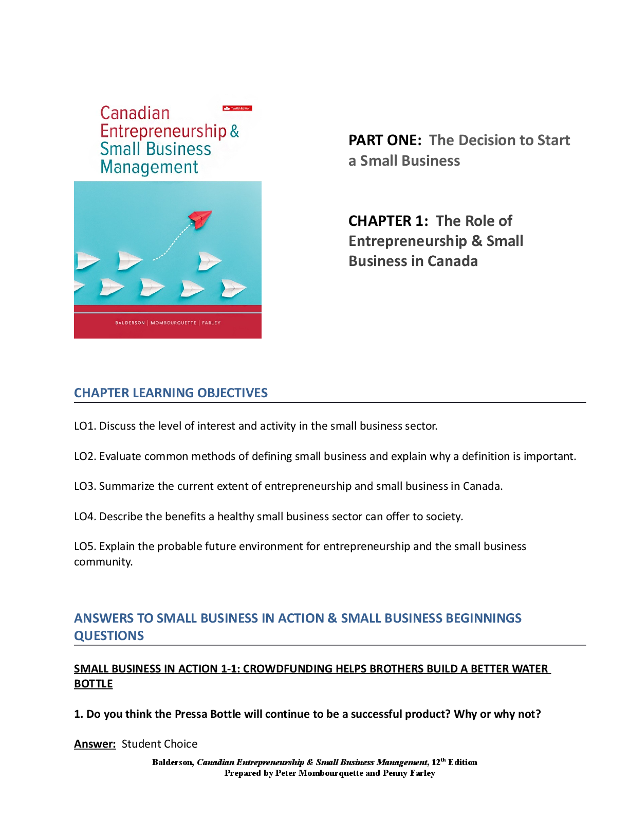 Solutions Manual For Canadian Entrepreneurship And Small Business Management 12th Edition By Wesley Balderson, Peter Mombourquette, Penny Farley
