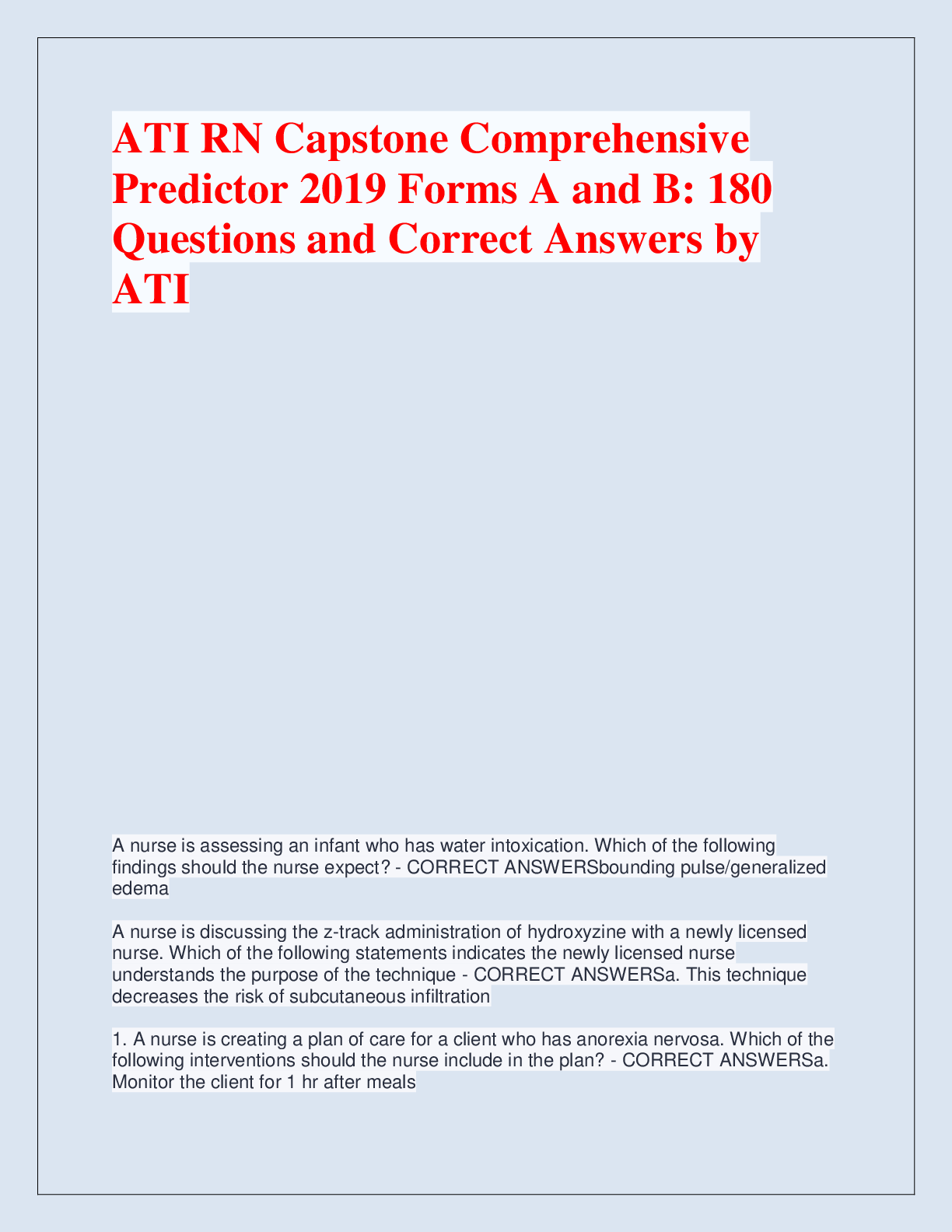 Preview of ATI RN Capstone Comprehensive  Predictor 2019 Forms A and B: 180  Questions and Correct An