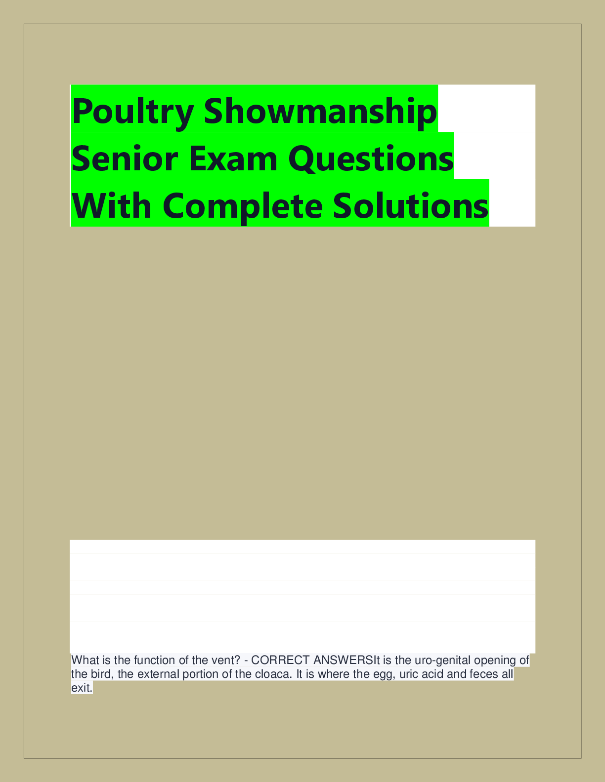 Preview of Poultry Showmanship  Senior Exam Questions  With Complete Solutions