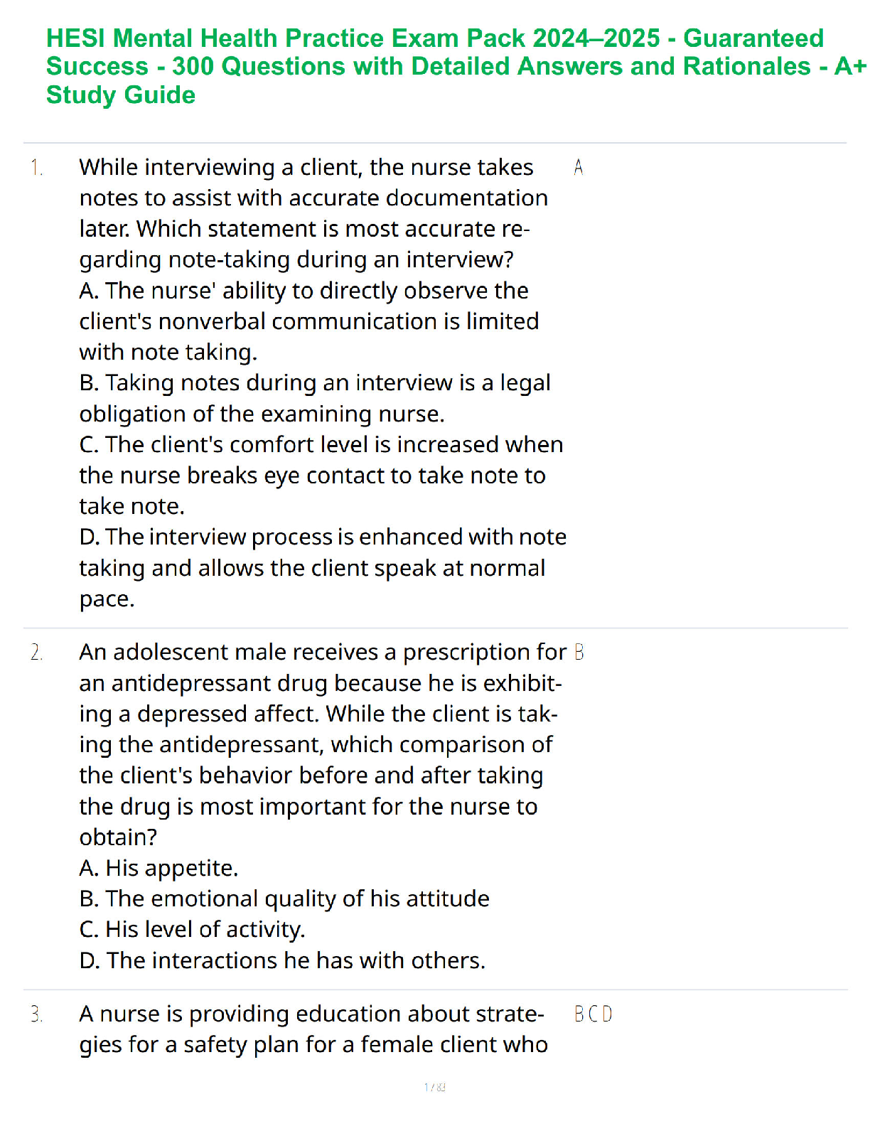 HESI Mental Health Practice Exam Pack 2024–2025 - Guaranteed Success - 300 Questions with Detailed Answers and Rationales - A+ Study Guide
