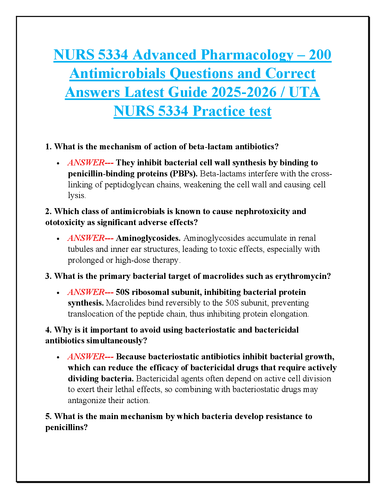 Preview image for NURS 5334 Advanced Pharmacology – 200 Antimicrobials Questions and Correct Answers Latest Guide 2025-2026 / UTA NURS 5334 Practice test