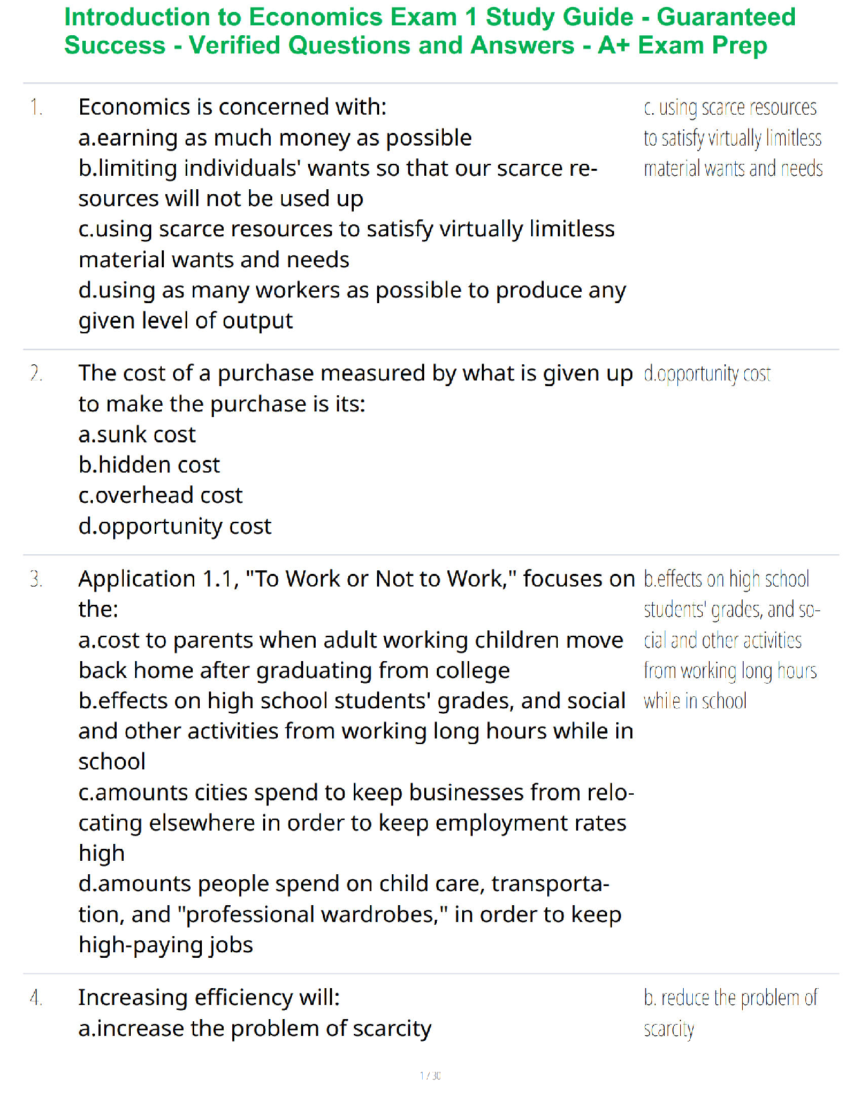 Introduction to Economics Exam 1 Study Guide - Guaranteed Success - Verified Questions and Answers - A+ Exam Prep