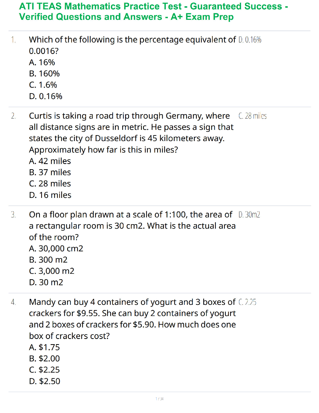 Recommended document preview for ATI TEAS Mathematics Practice Test - Guaranteed Success - Verified Questions and Answers - A+ Exam Prep
