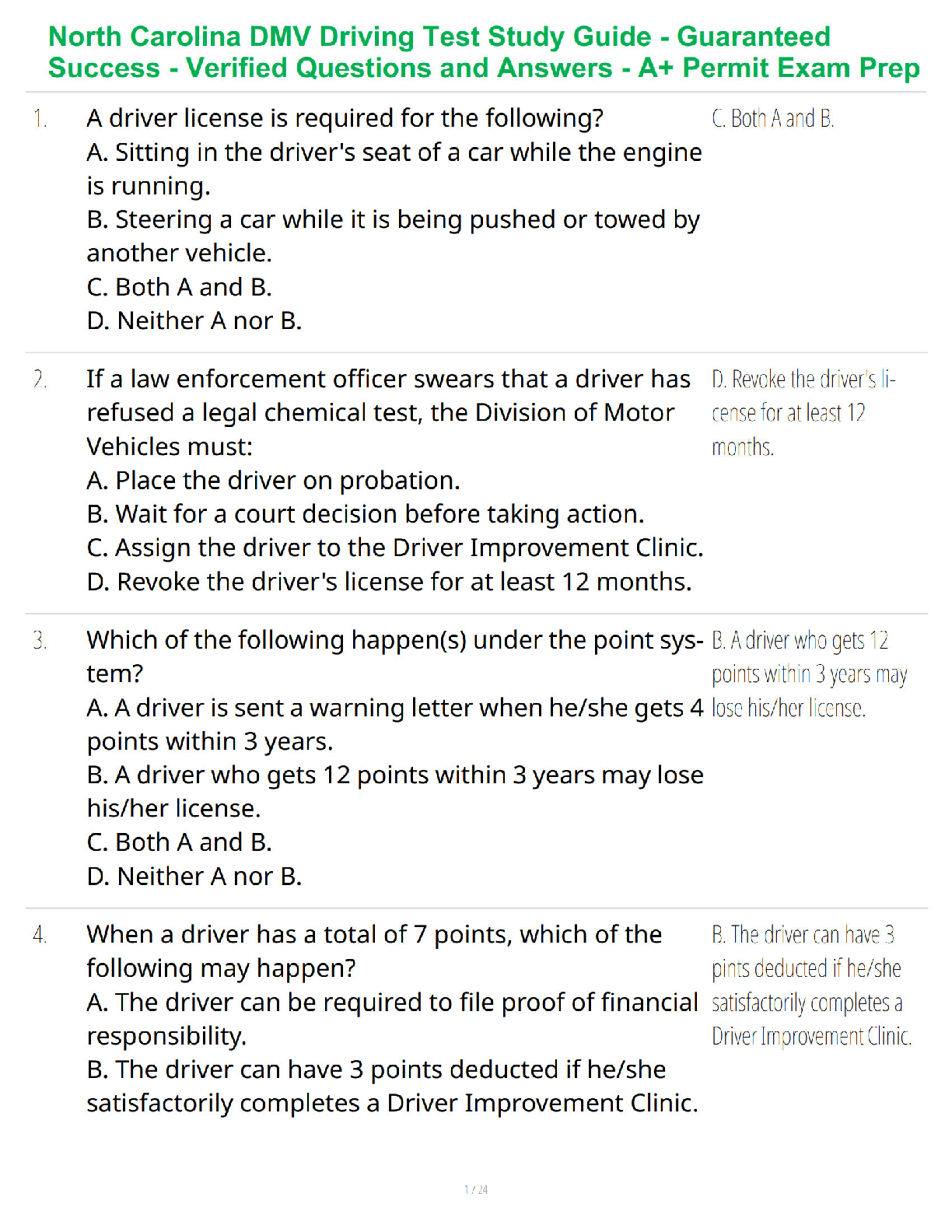 North Carolina DMV Driving Test Study Guide - Guaranteed Success - Verified Questions and Answers - A+ Permit Exam Prep