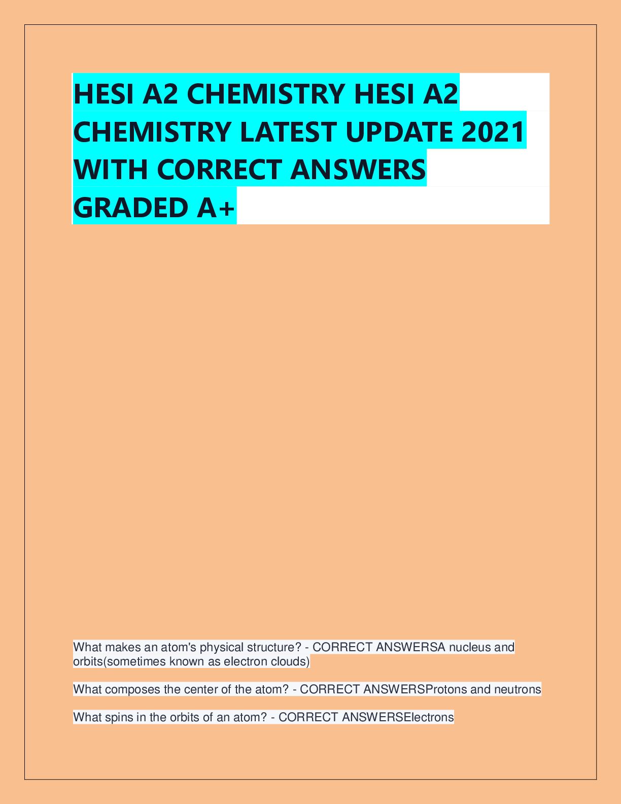 Preview of HESI A2 CHEMISTRY HESI A2  CHEMISTRY LATEST UPDATE 2021  WITH CORRECT ANSWERS  GRADED A+