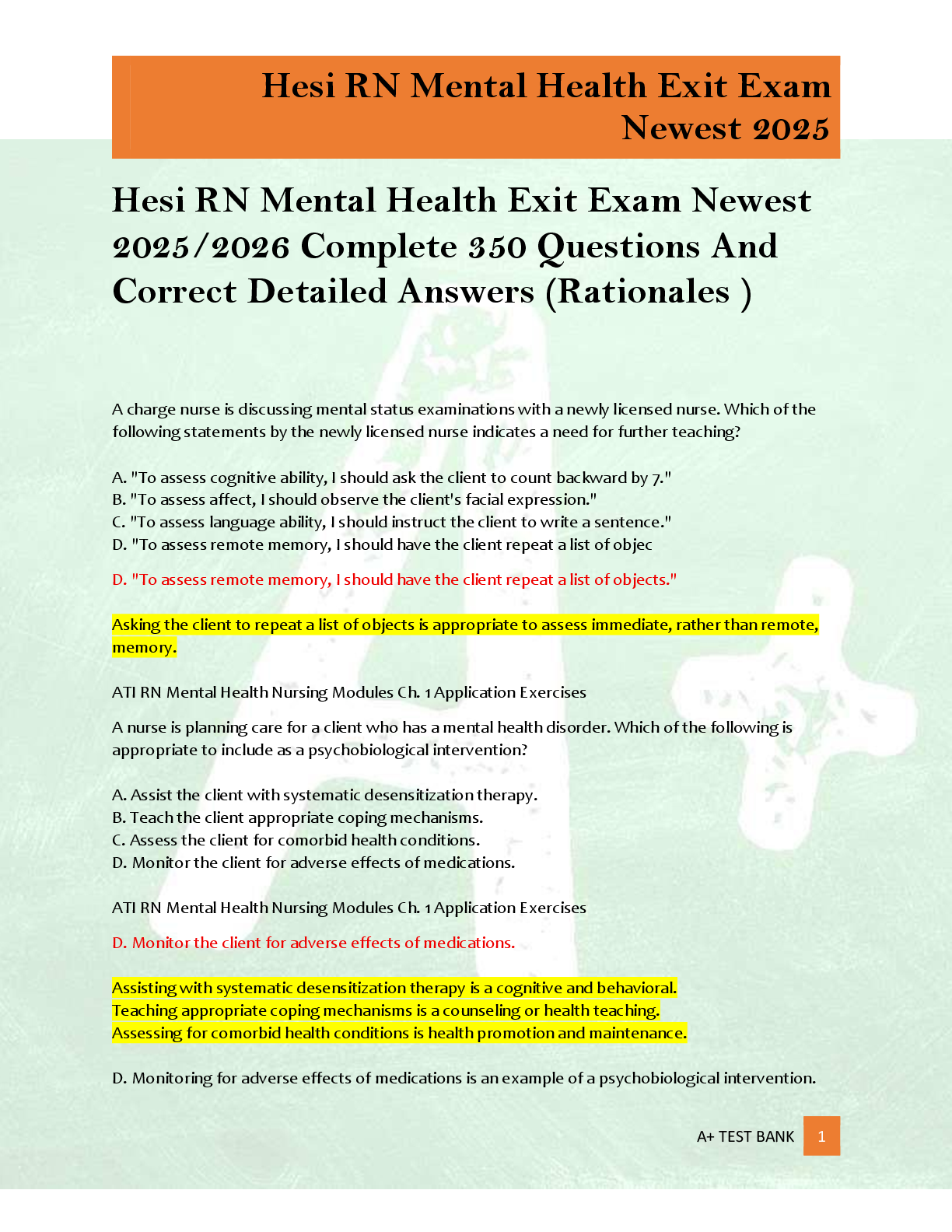 Recommended document preview for Hesi RN Mental Health Exit Exam Newest  2025/2026 Complete 350 Questions And  Correct Detailed Answers (Rationales )