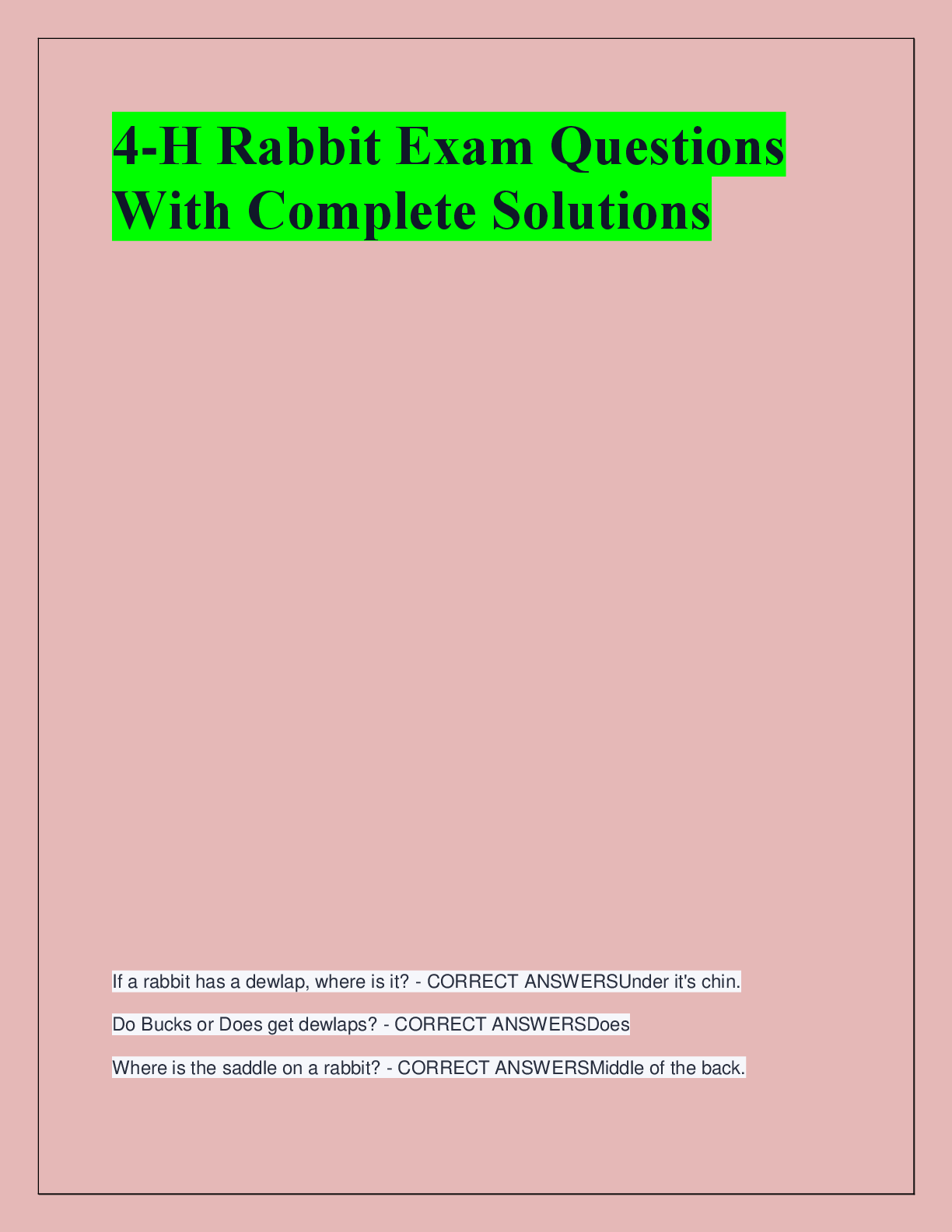 Preview of 4-H Rabbit Exam Questions  With Complete Solutions