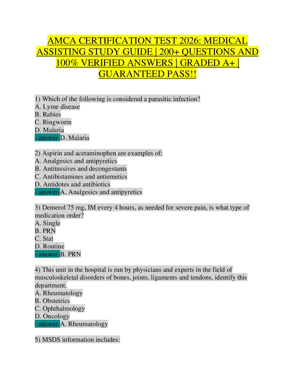Preview of AMCA Certification Test 2026 | Certified Medical Assistant (CMA) Exam Prep | 230 Q&A with Correct Answers | MOA 110 | NHA CCMA Review: Phlebotomy, ECG, Pharmacology, Med Law, Insurance Coding