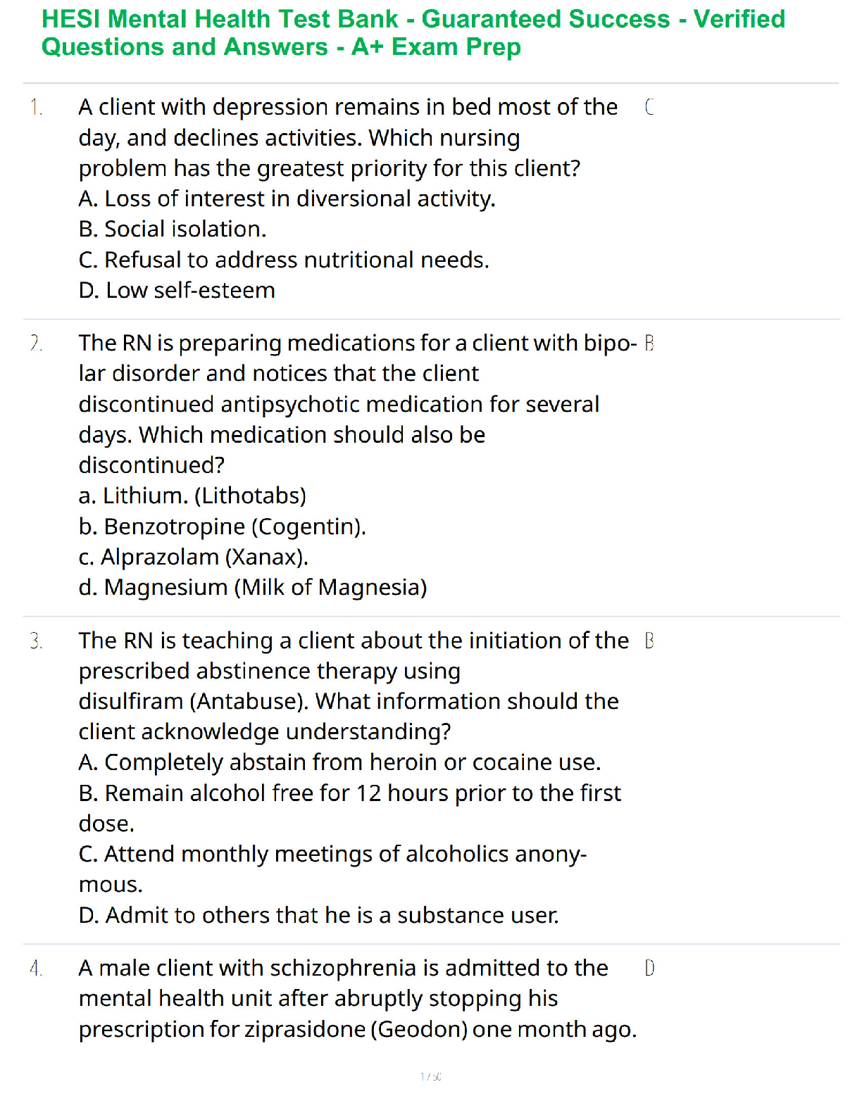 HESI Mental Health Test Bank - Guaranteed Success - Verified Questions and Answers - A+ Exam Prep