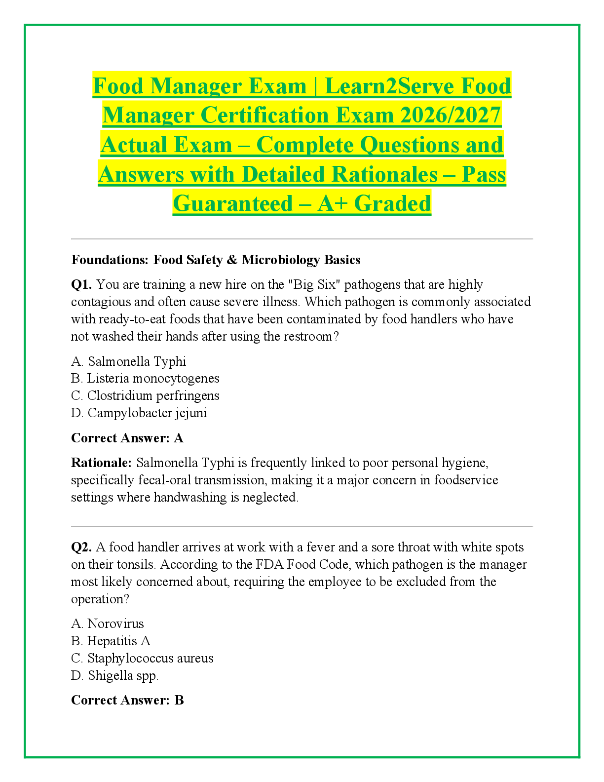 Preview image for Food Manager Exam | Learn2Serve Food  Manager Certification Exam 2026/2027  Actual Exam – Complete Questions and  Answers with Detailed Rationales – Pass  Guaranteed – A+ Graded