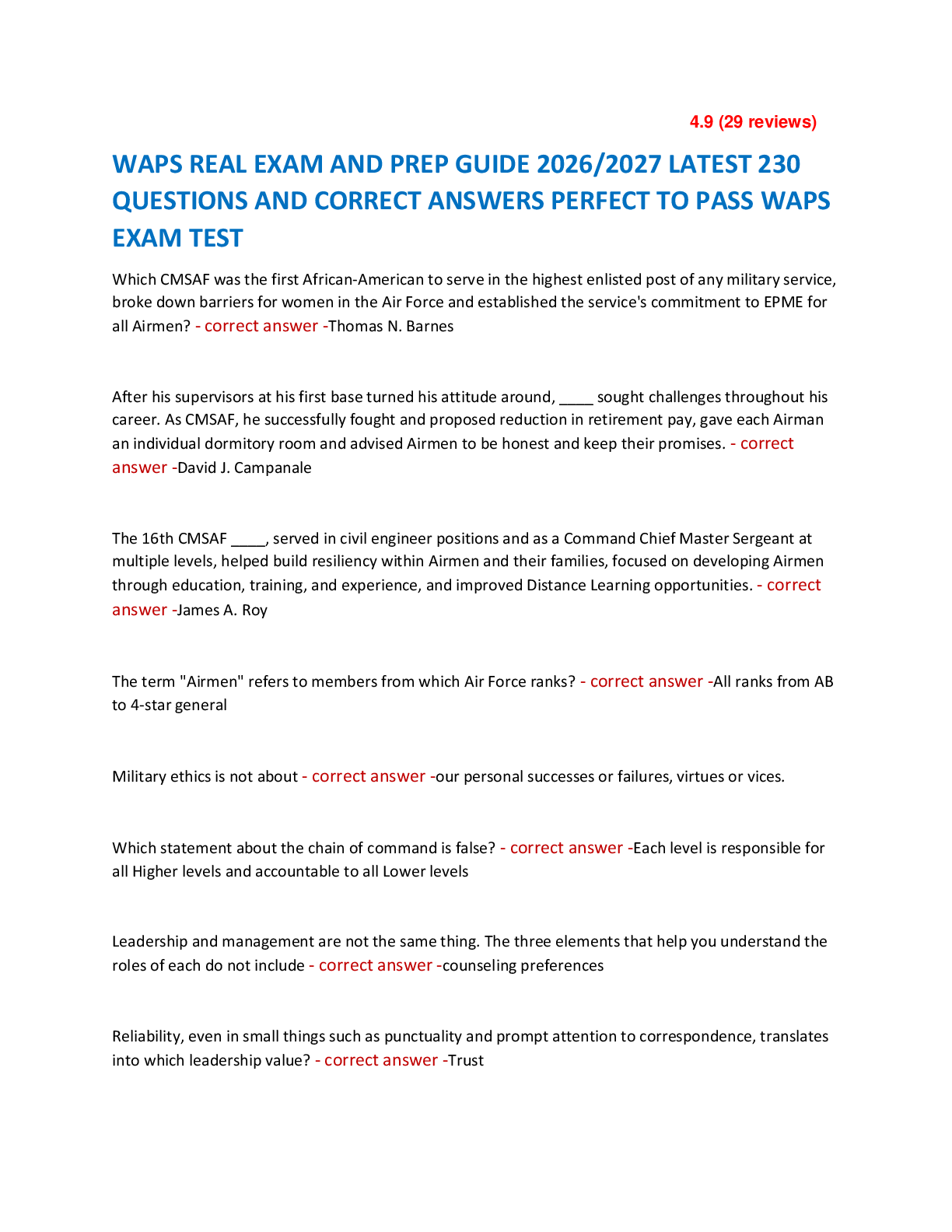 Recommended document preview for WAPS REAL EXAM AND PREP GUIDE 2026/2027 LATEST 230  QUESTIONS AND CORRECT ANSWERS PERFECT TO PASS WAPS  EXAM TEST