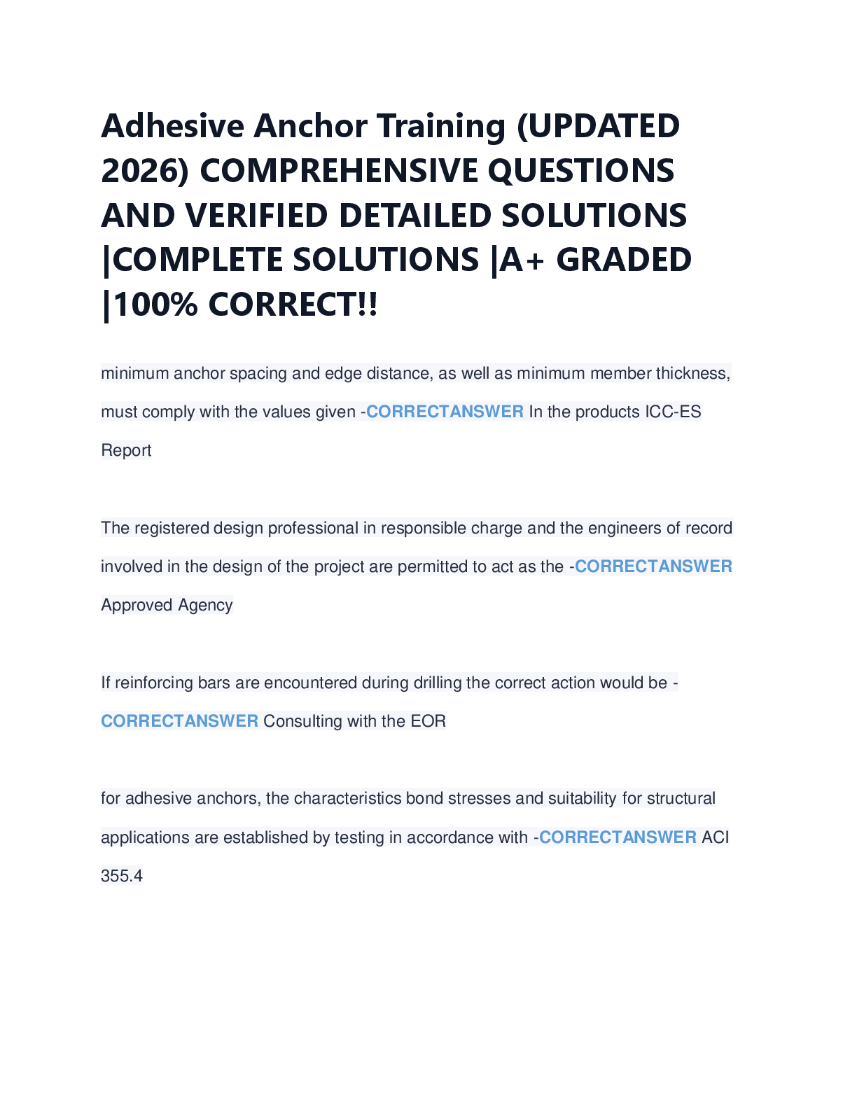 Preview of Adhesive Anchor Training (UPDATED  2026) COMPREHENSIVE QUESTIONS  AND VERIFIED DETAILED SOLUTIONS  |COMPLETE SOLUTIONS |A+ GRADED  |100% CORRECT!!