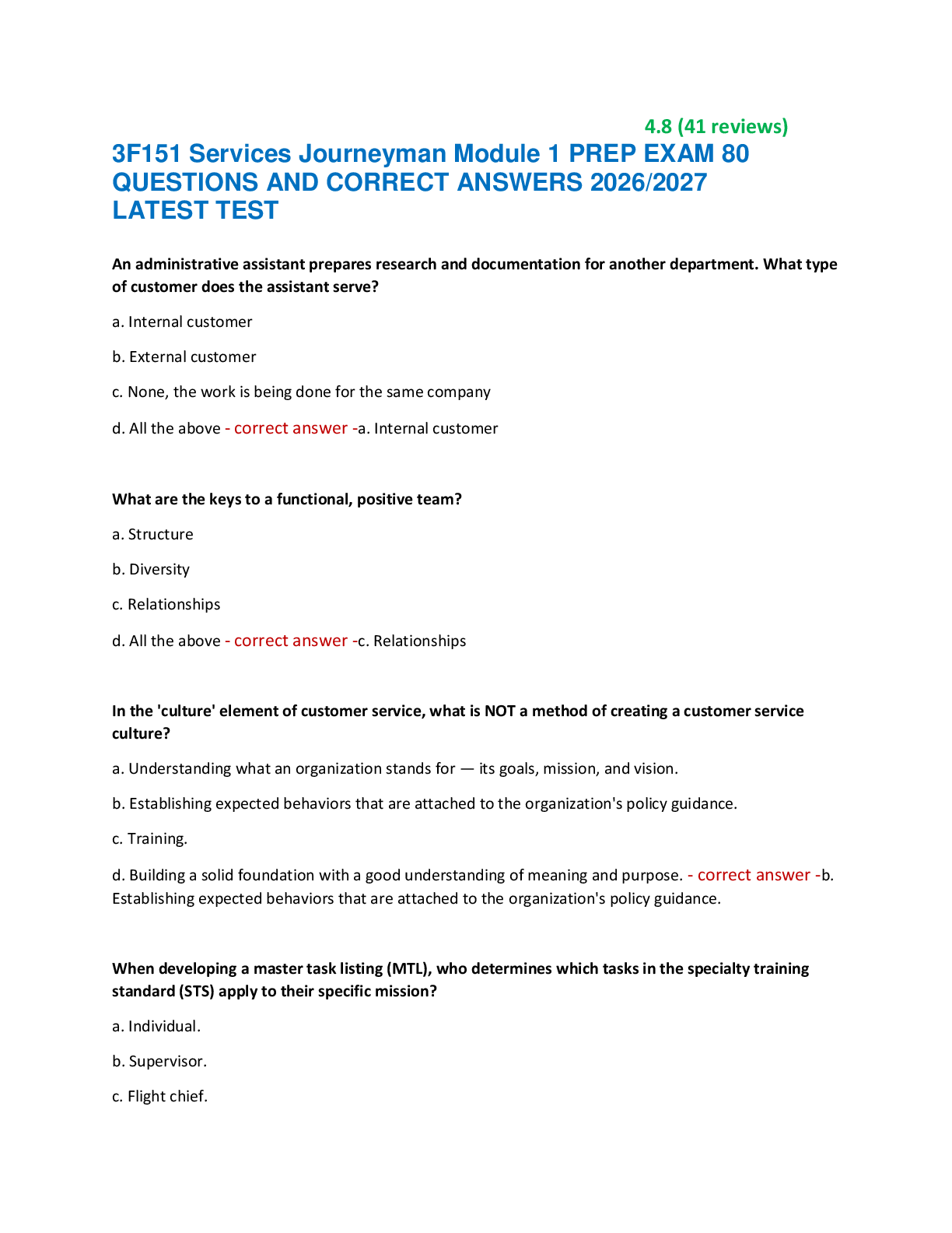 Preview of 3F151 Services Journeyman Module 1 PREP EXAM 80  QUESTIONS AND CORRECT ANSWERS 2026/2027
