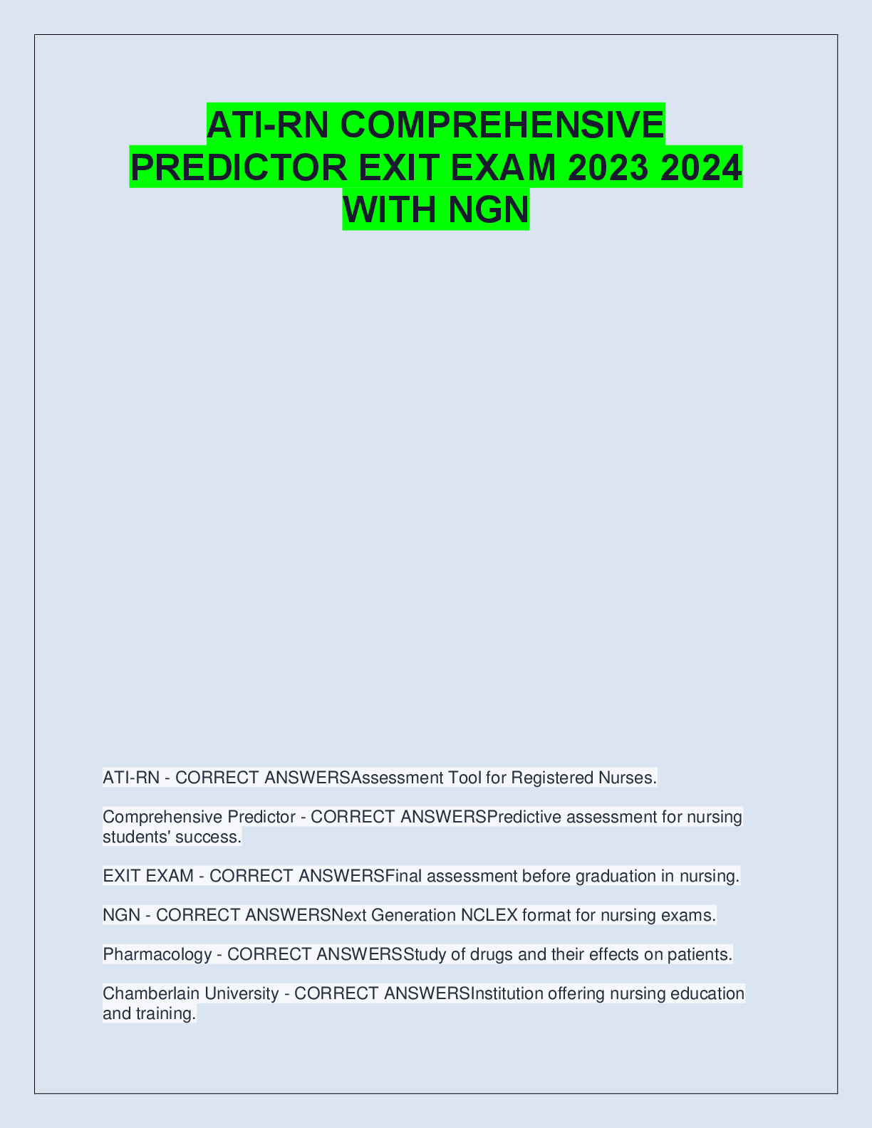 Recommended document preview for ATI-RN COMPREHENSIVE  PREDICTOR EXIT EXAM 2023 2024  WITH NGN