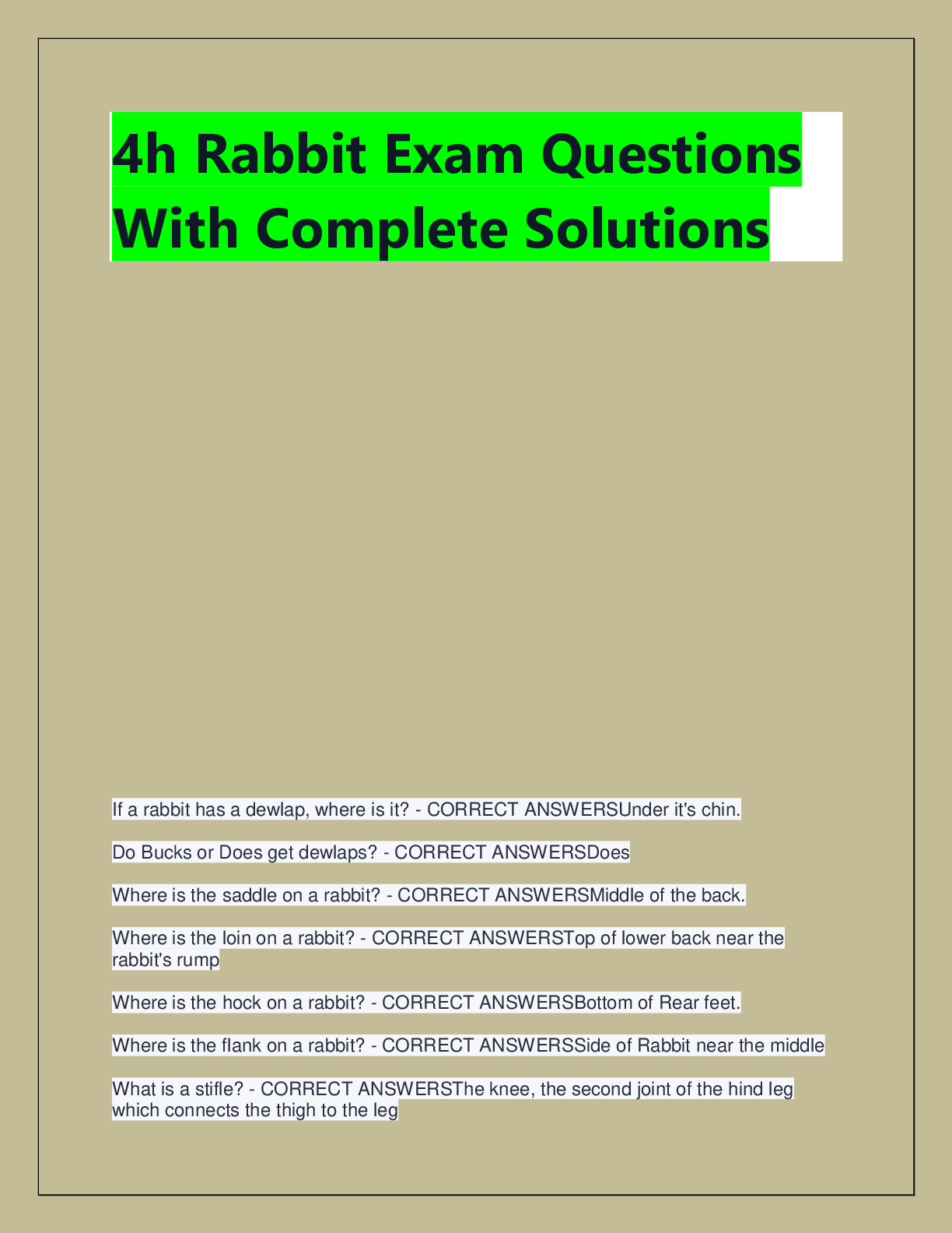 Preview of 4h Rabbit Exam Questions  With Complete Solutions