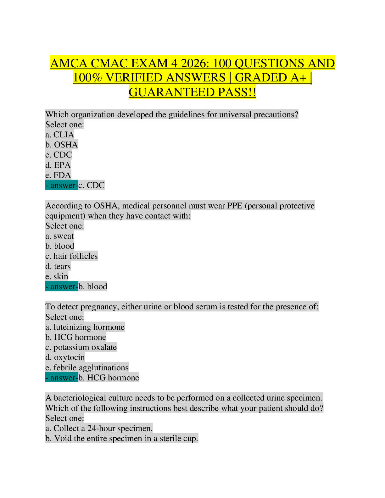 Preview of AMCA CMAC Exam 4 2026 | Certified Medical Assistant Practice Test | 100+ Q&A with Verified Answers | MOA 110 | NHA CCMA Phlebotomy ECG Urinalysis Medical Law HIPAA Study Guide