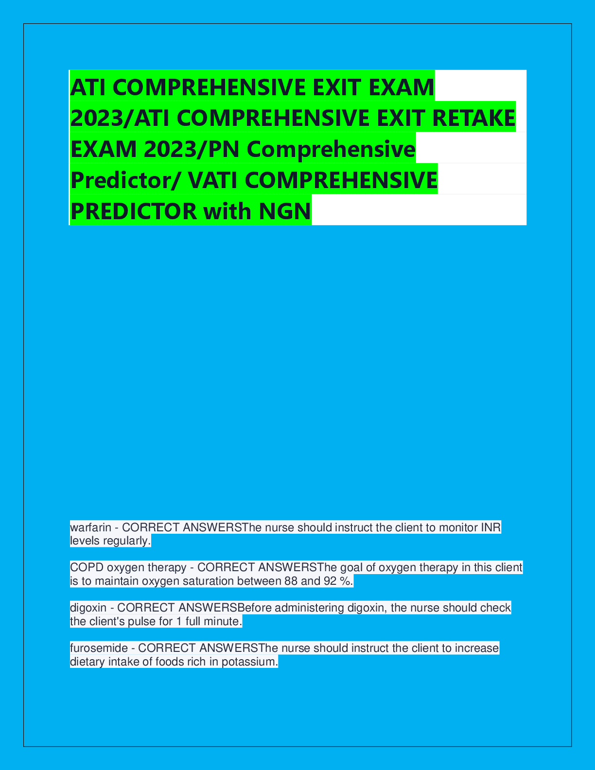 Preview of ATI COMPREHENSIVE EXIT EXAM  2023/ATI COMPREHENSIVE EXIT RETAKE  EXAM 2023/PN Comprehensiv