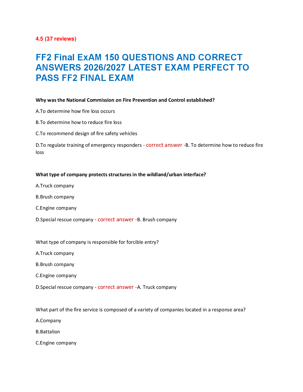 Preview of FF2 Final ExAM 150 QUESTIONS AND CORRECT  ANSWERS 2026/2027 LATEST EXAM PERFECT TO  PASS F