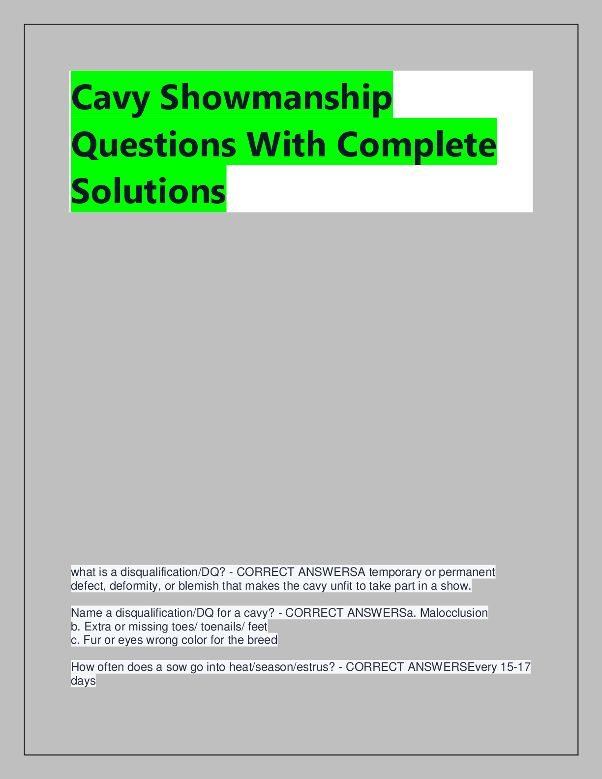 Recommended document preview for Cavy Showmanship  Questions With Complete  Solutions