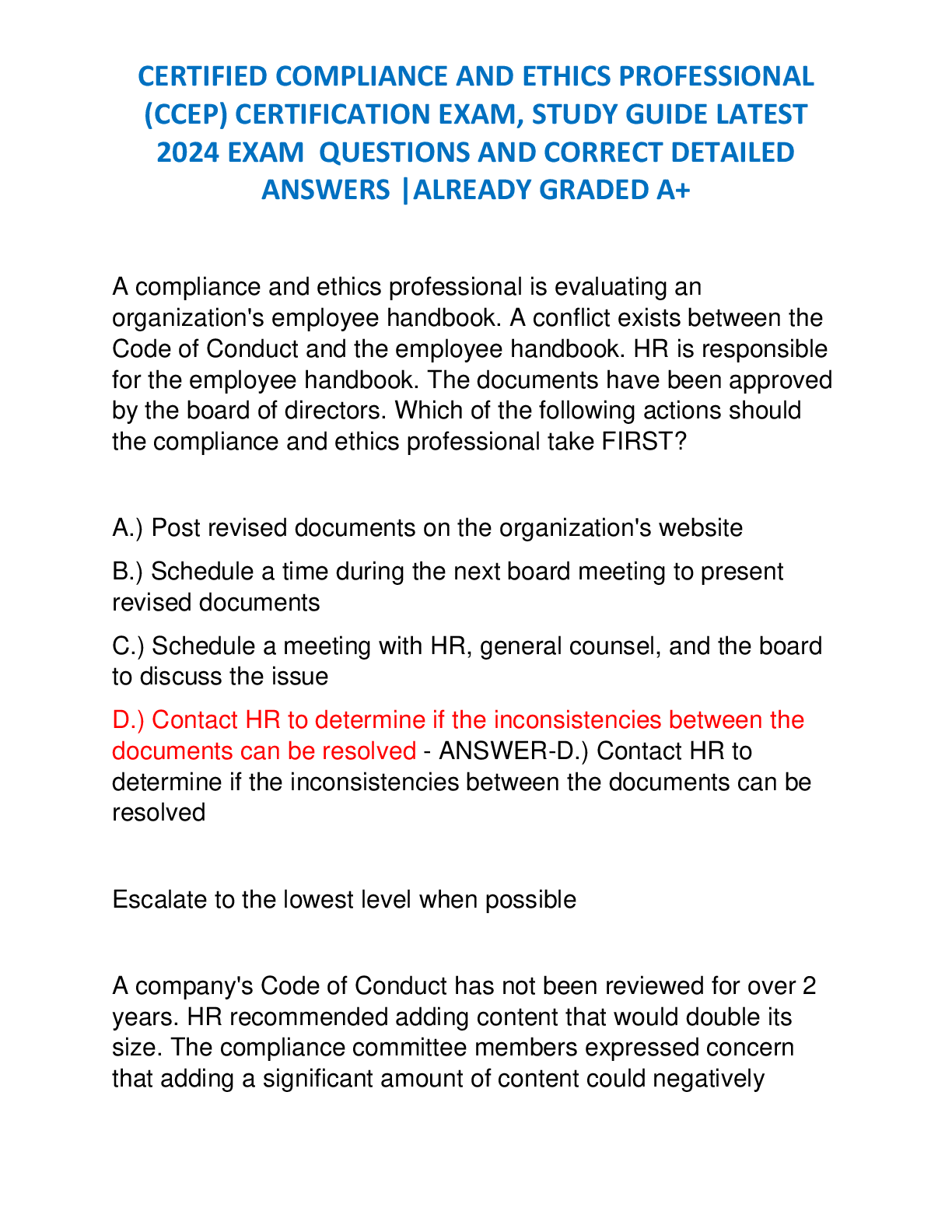 Recommended document preview for CERTIFIED COMPLIANCE AND ETHICS PROFESSIONAL  (CCEP) CERTIFICATION EXAM, STUDY GUIDE LATEST  2024 EXAM  QUESTIONS AND CORRECT DETAILED  ANSWERS |ALREADY GRADED A+
