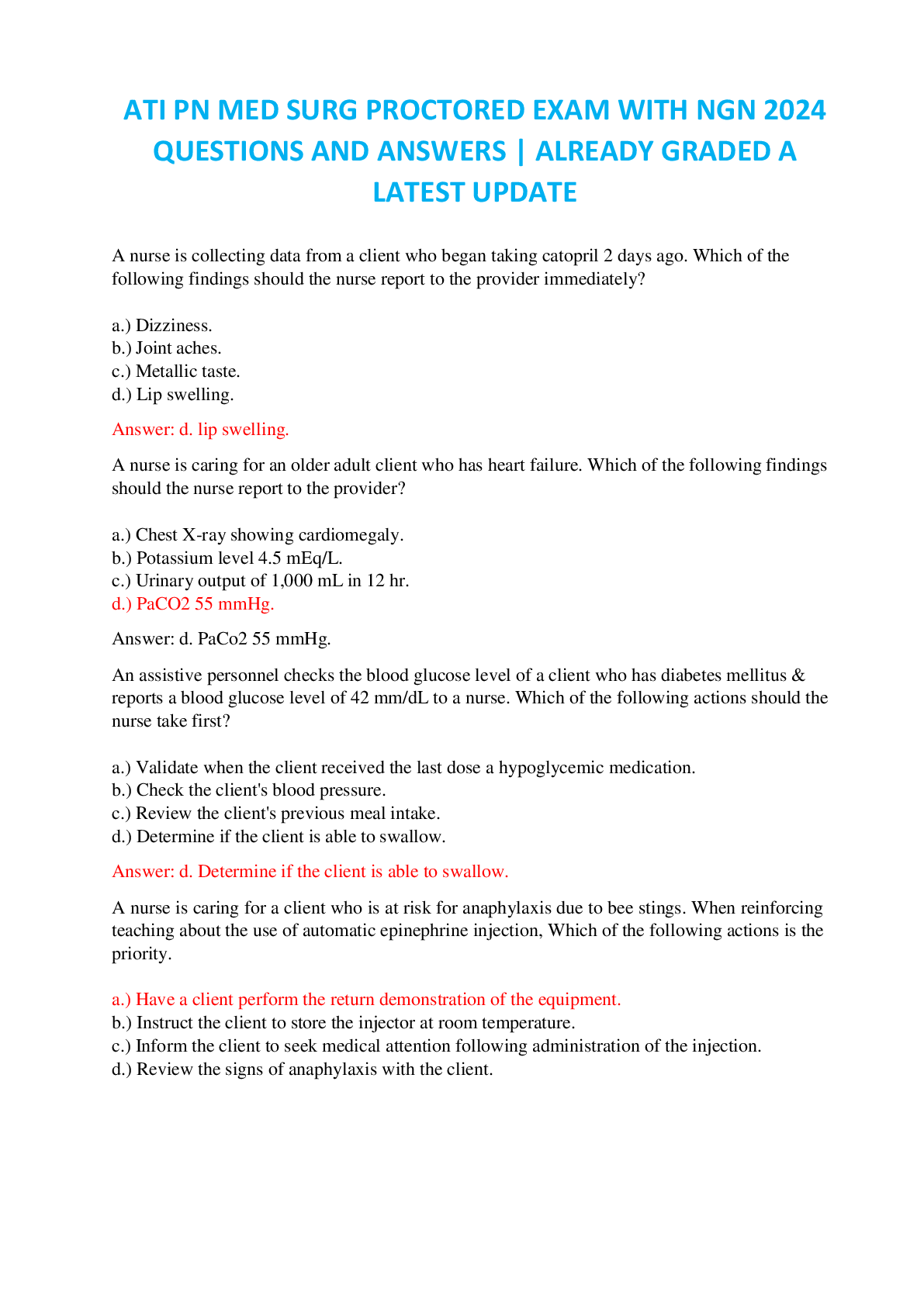 Preview of ATI PN MED SURG PROCTORED EXAM WITH NGN 2024  QUESTIONS AND ANSWERS | ALREADY GRADED A  LATEST UPDATE