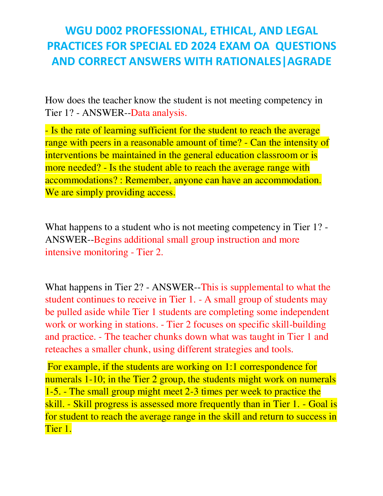 Recommended document preview for WGU D002 PROFESSIONAL, ETHICAL, AND LEGAL  PRACTICES FOR SPECIAL ED 2024 EXAM OA  QUESTIONS  AND CORRECT ANSWERS WITH RATIONALES|AGRADE
