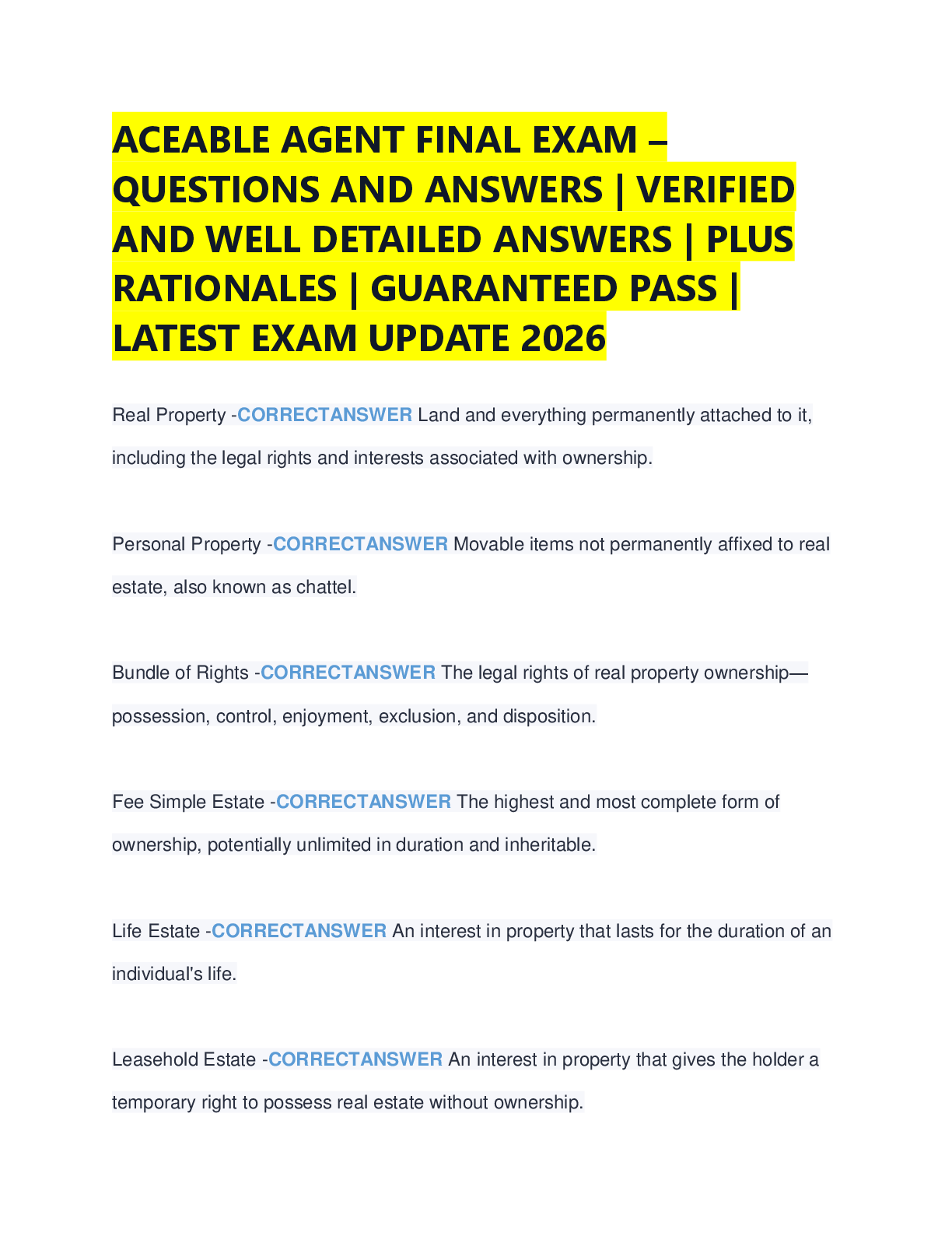 Recommended document preview for ACEABLE AGENT FINAL EXAM –  QUESTIONS AND ANSWERS | VERIFIED  AND WELL DETAILED ANSWERS | PLUS  RATIONALES | GUARANTEED PASS |  LATEST EXAM UPDATE 2026
